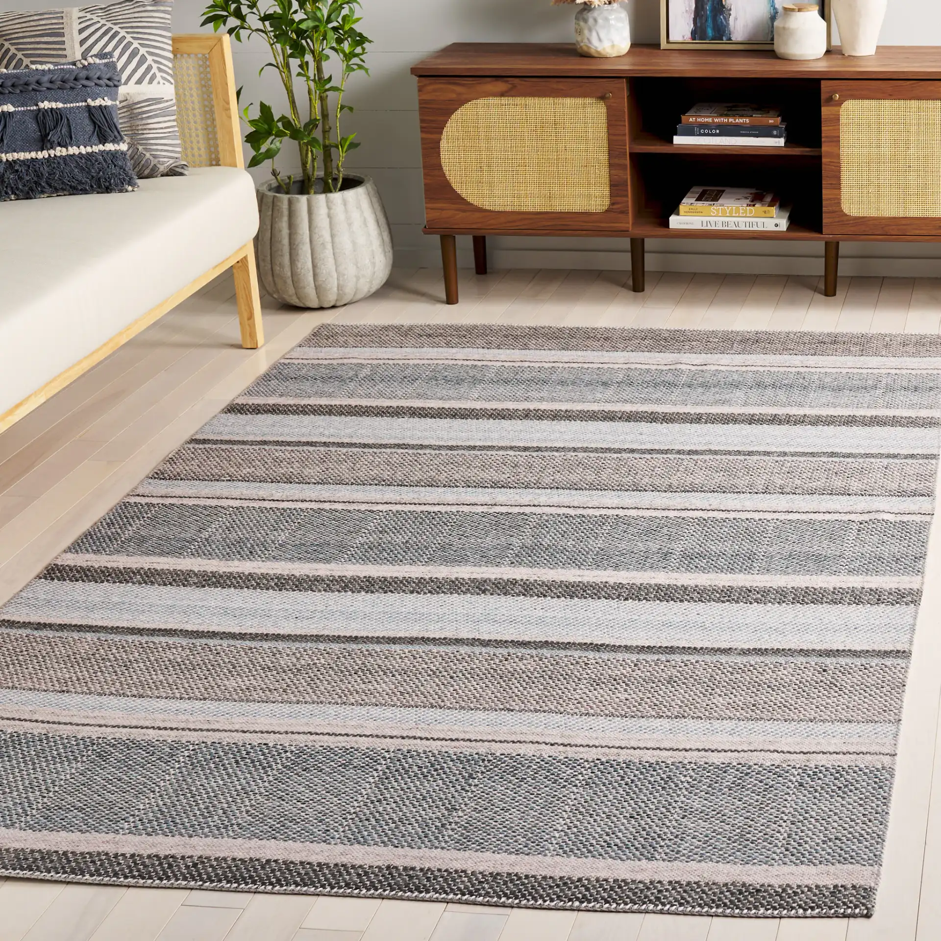 Cabo Striped Rug in Black / Light Blue