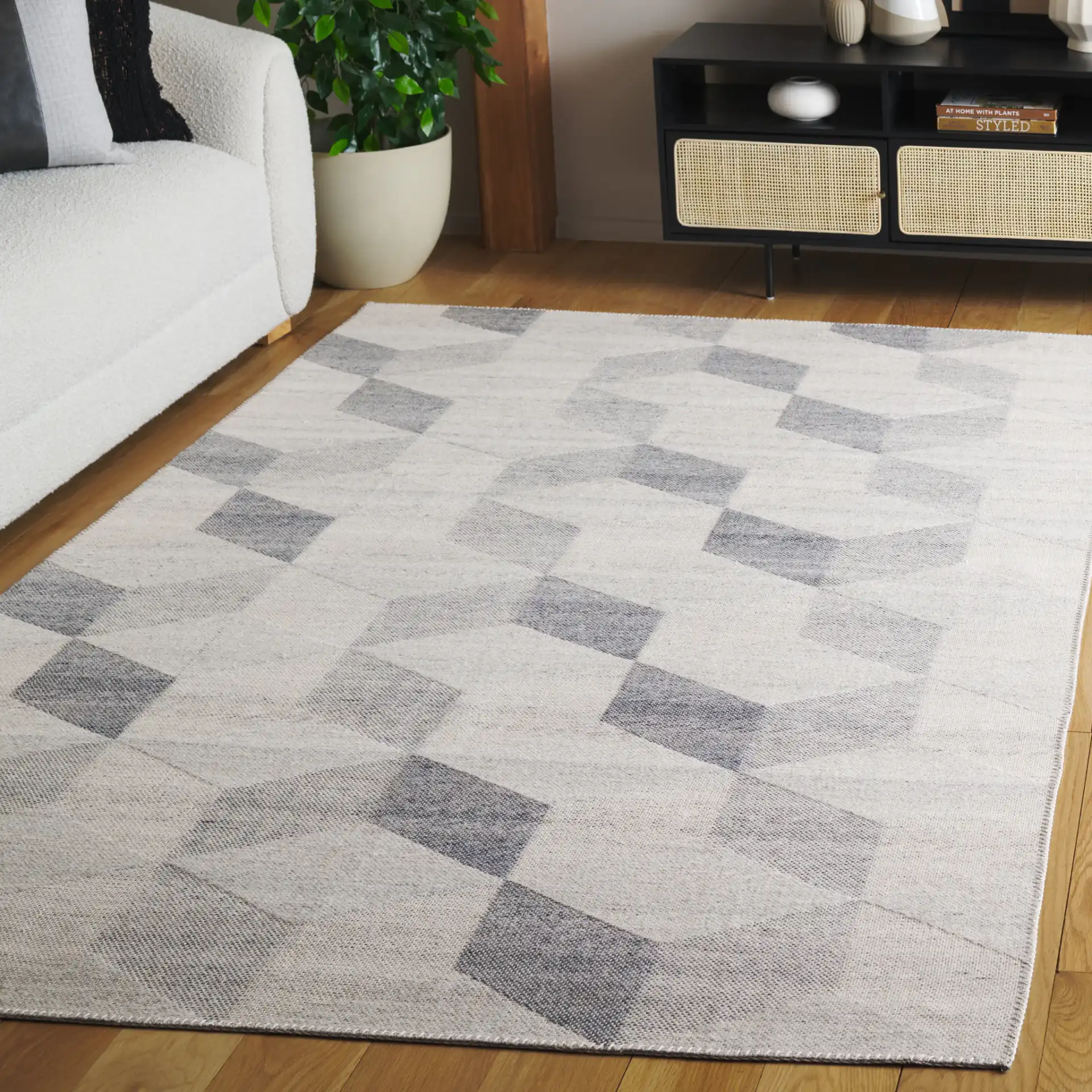 Cabo Cube Rug in Beige / Light Gray in a styled room