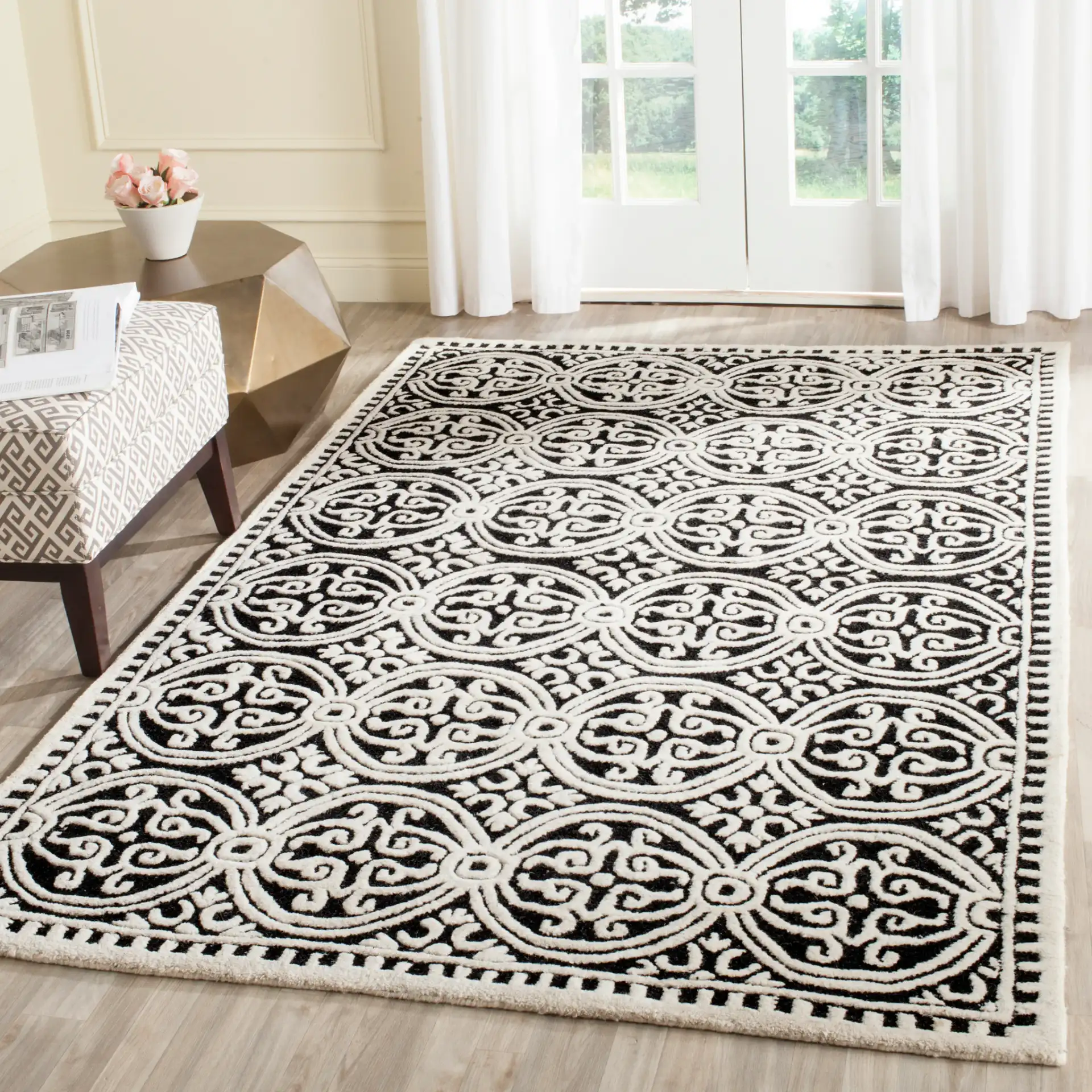 Cambridge Tile Hand-Tufted Wool Rug in Black / Ivory in a styled room