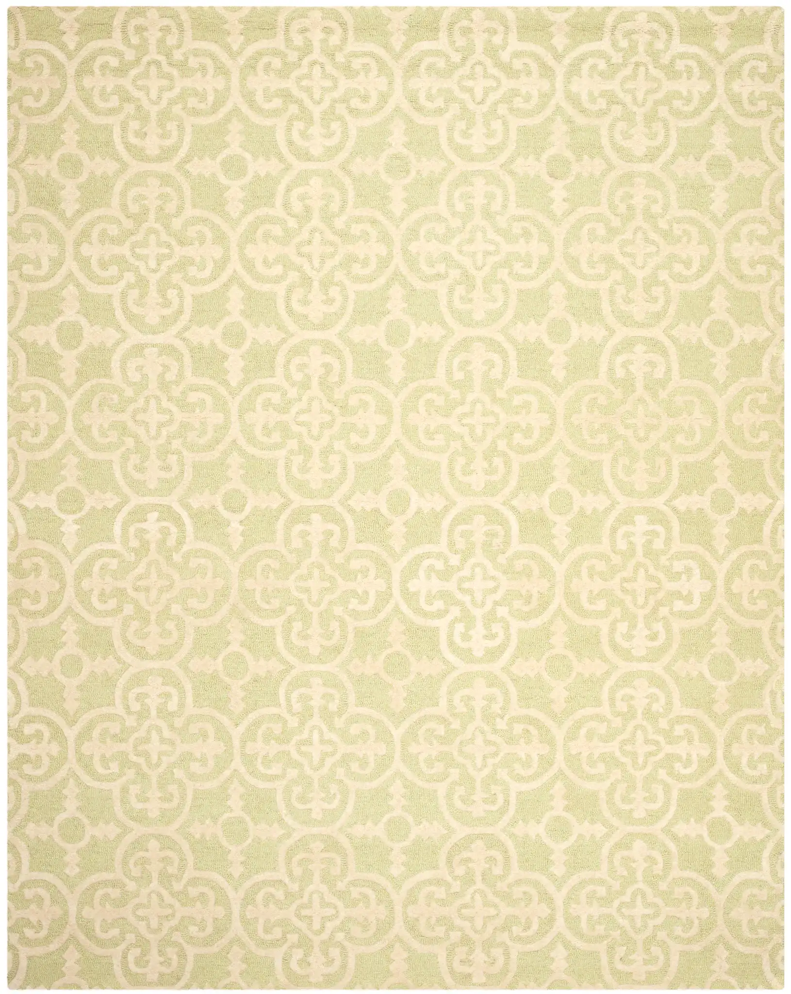 Cambridge Ornate Quatrefoil Hand-Tufted Wool Rug in Light Green / Ivory