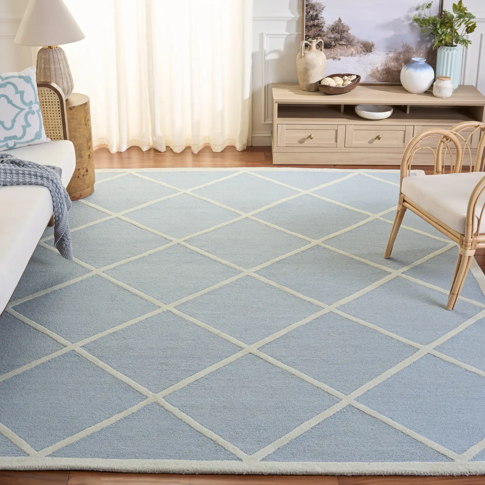 Cambridge Diamond Trellis Hand-Tufted Wool Rug in Light Blue / Ivory in a styled room