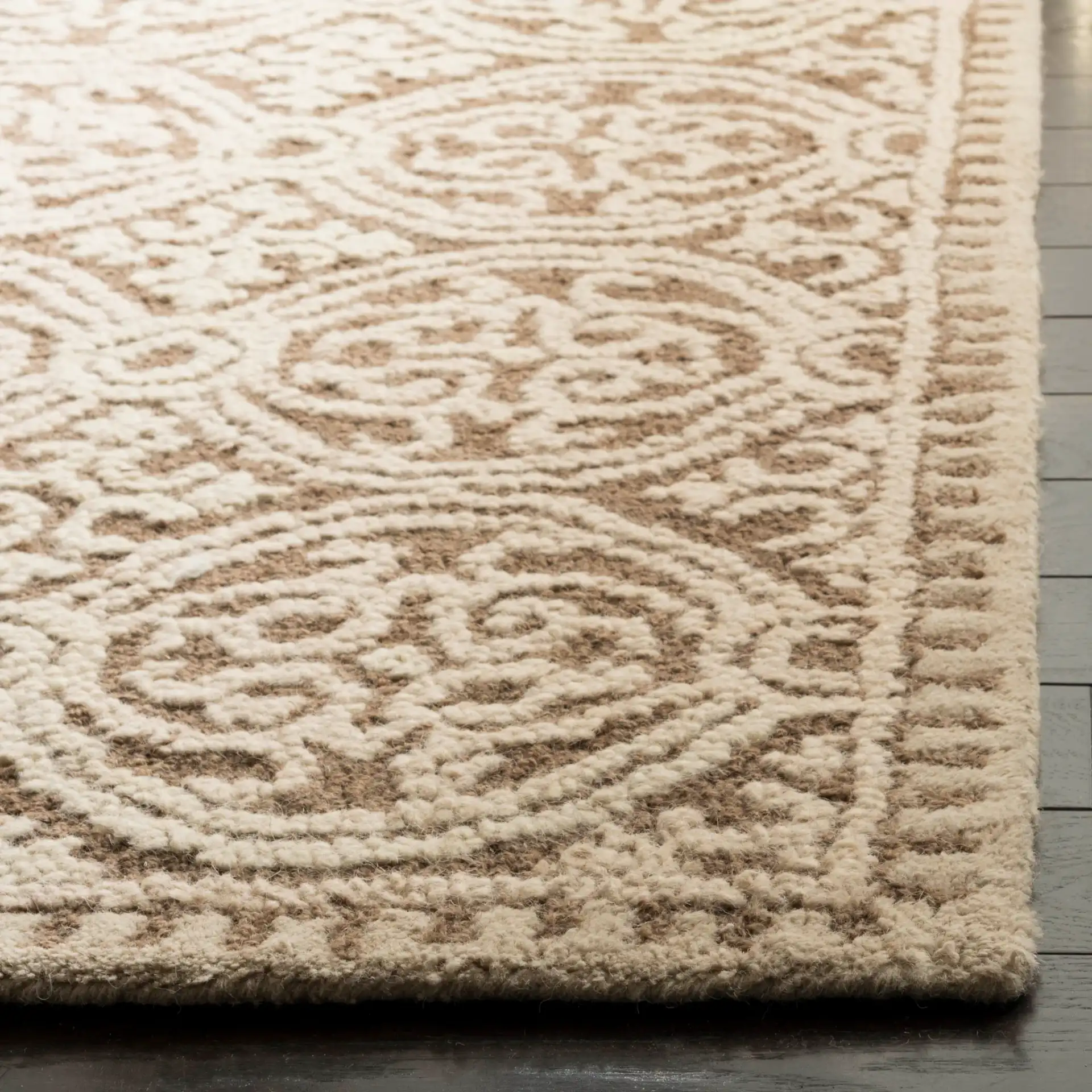 Cambridge Scroll Tile Hand-Tufted Wool Rug in Tan / Multicolor in a styled room