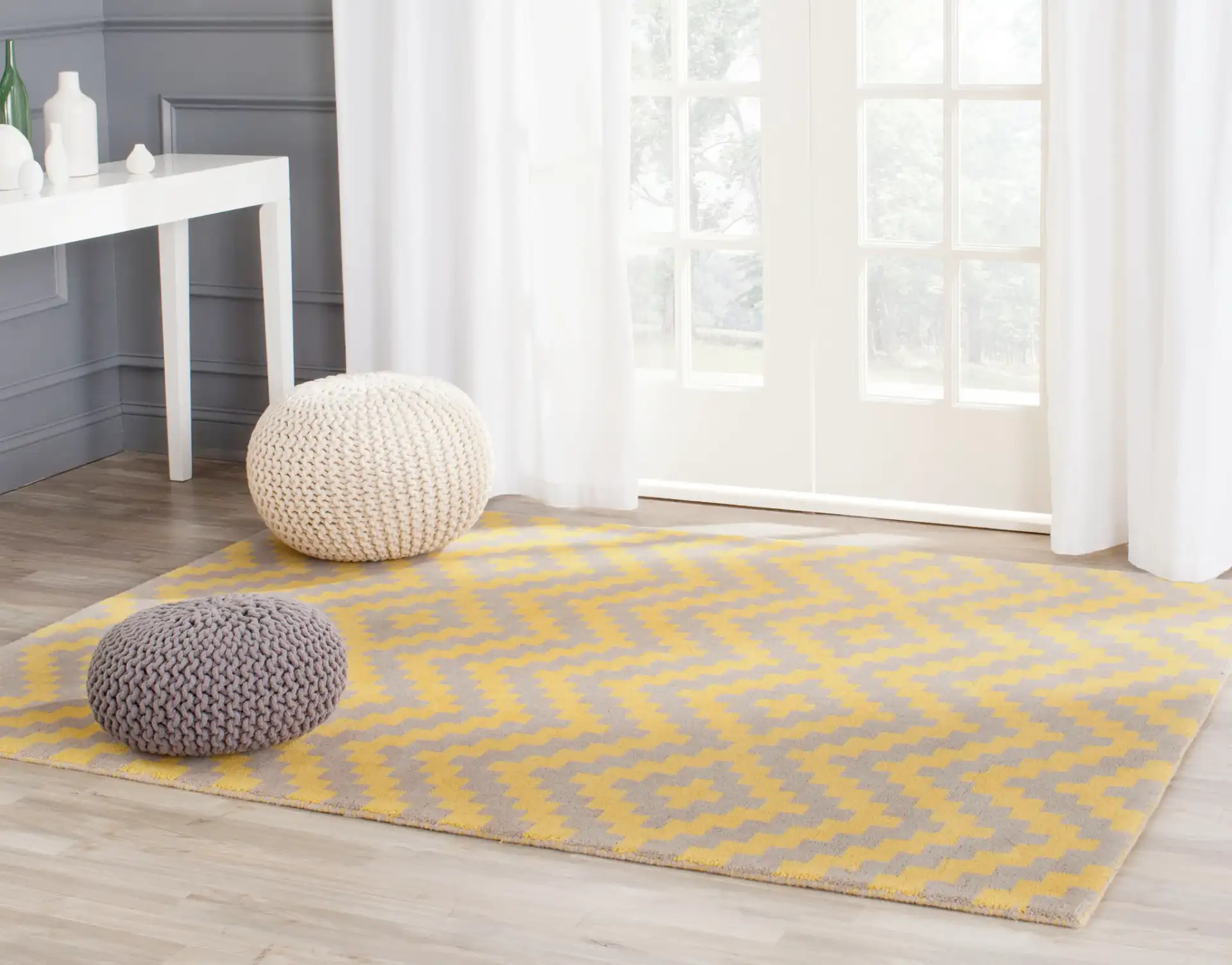 Cambridge Stepped Chevron Hand-Tufted Wool Rug in Taupe / Gold in a styled room