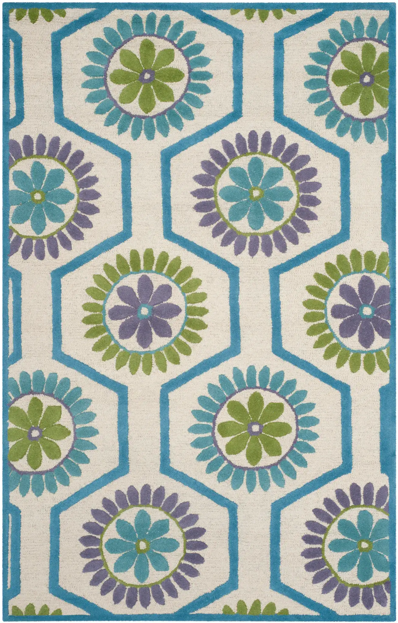 Cambridge Floral Honeycomb Hand-Tufted Wool Rug in Ivory / Blue