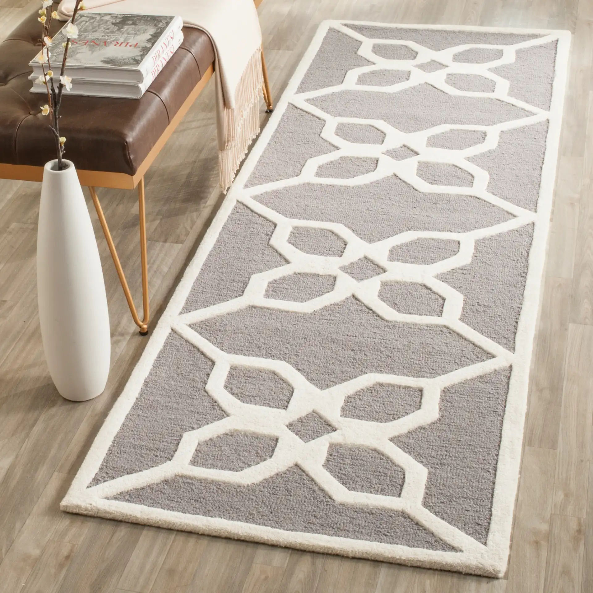 Cambridge Floral Trellis Hand-Tufted Wool Rug in Dark Gray / Ivory in a styled room