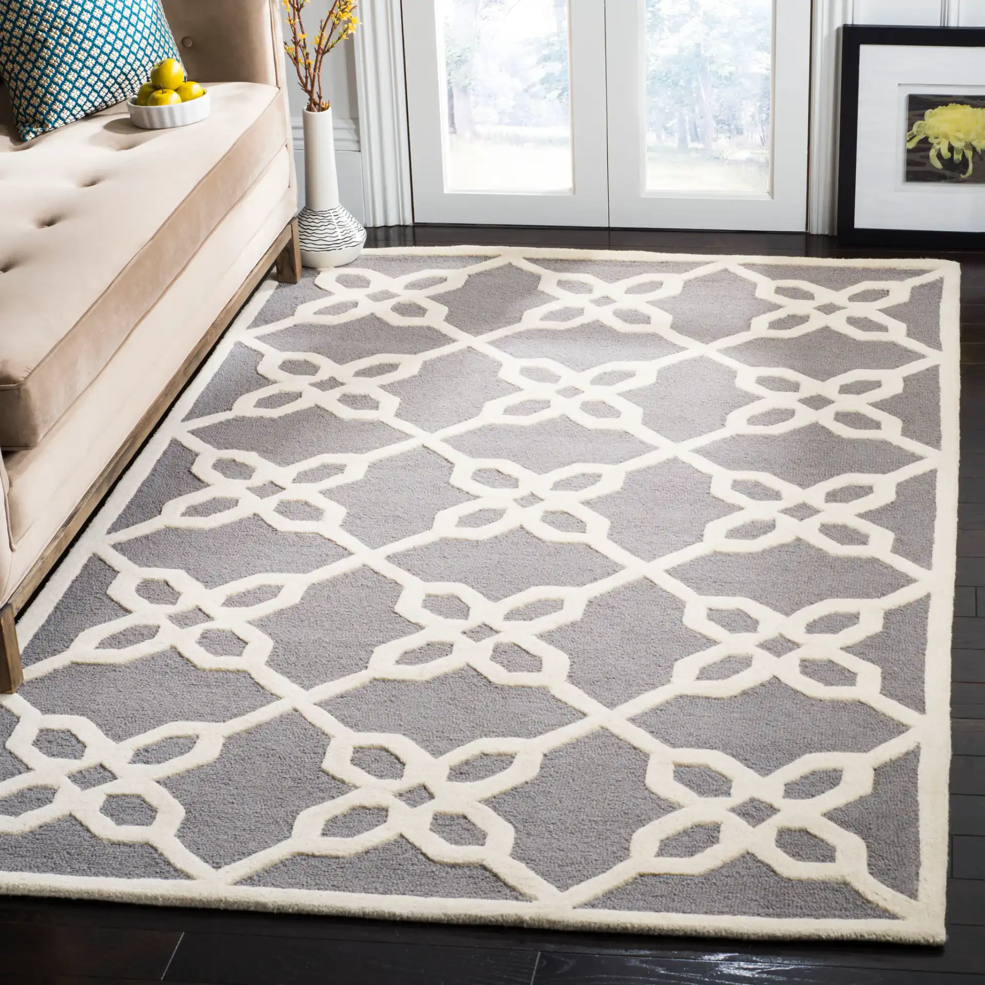 Cambridge Floral Trellis Hand-Tufted Wool Rug in Dark Gray / Ivory in a styled room