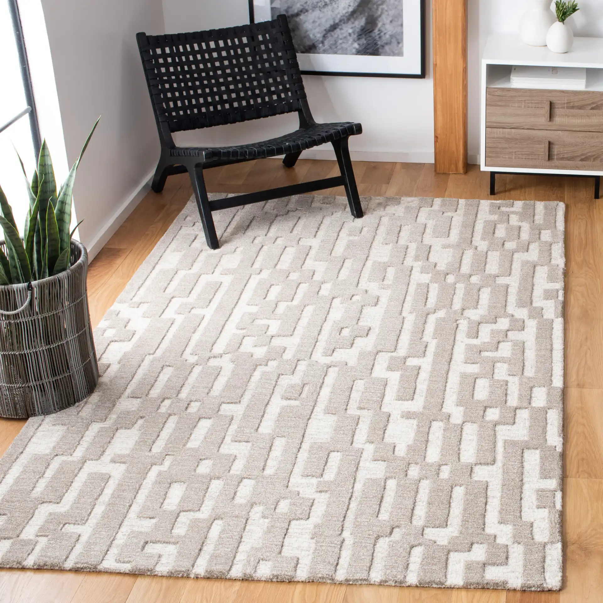 Cambridge Stepped Block Hand-Tufted Wool Rug in Beige / Gray in a styled room