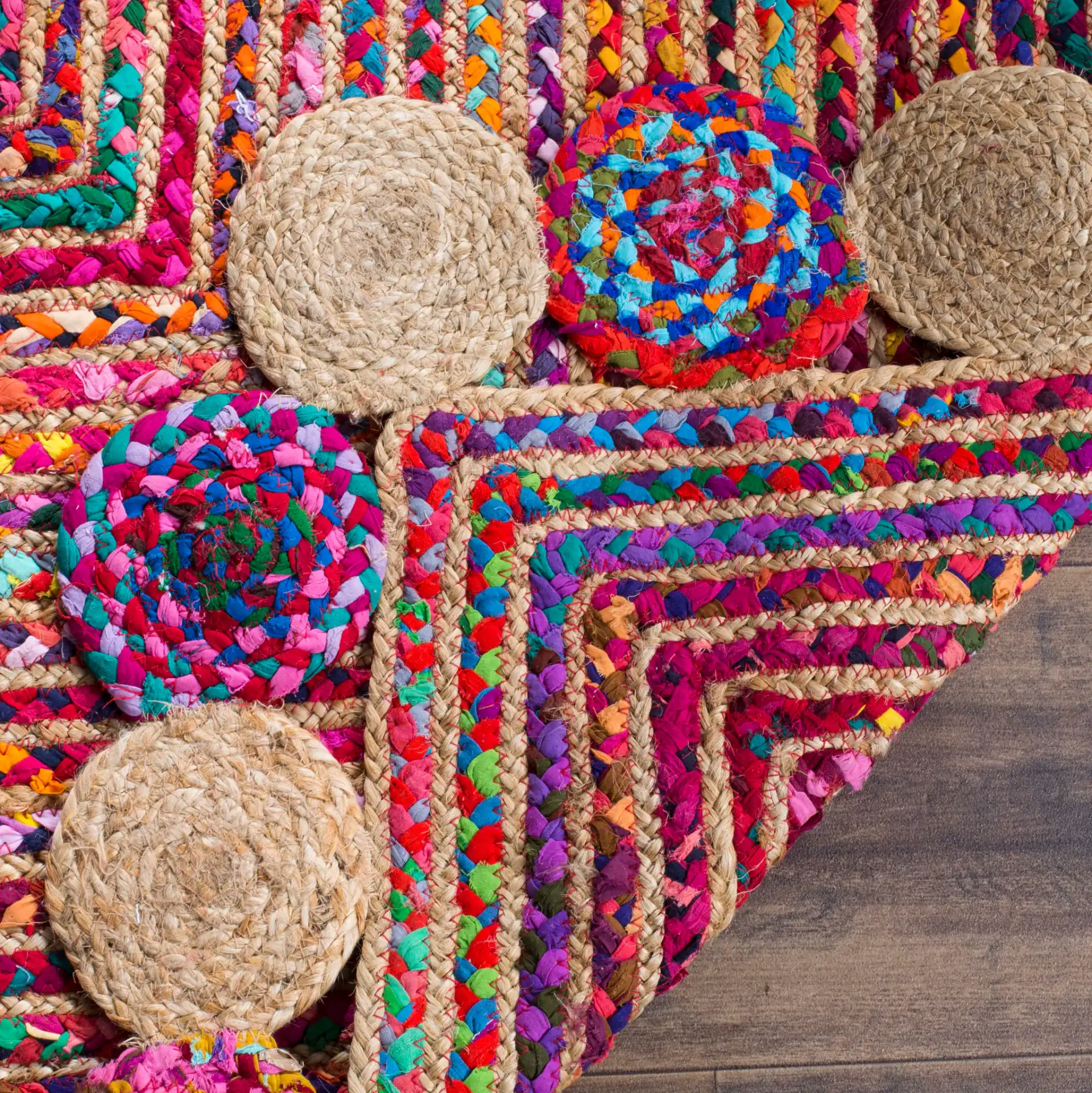 Cape Cod Concentric Braided Hand-Woven Rug in Red / Multicolor in a styled room