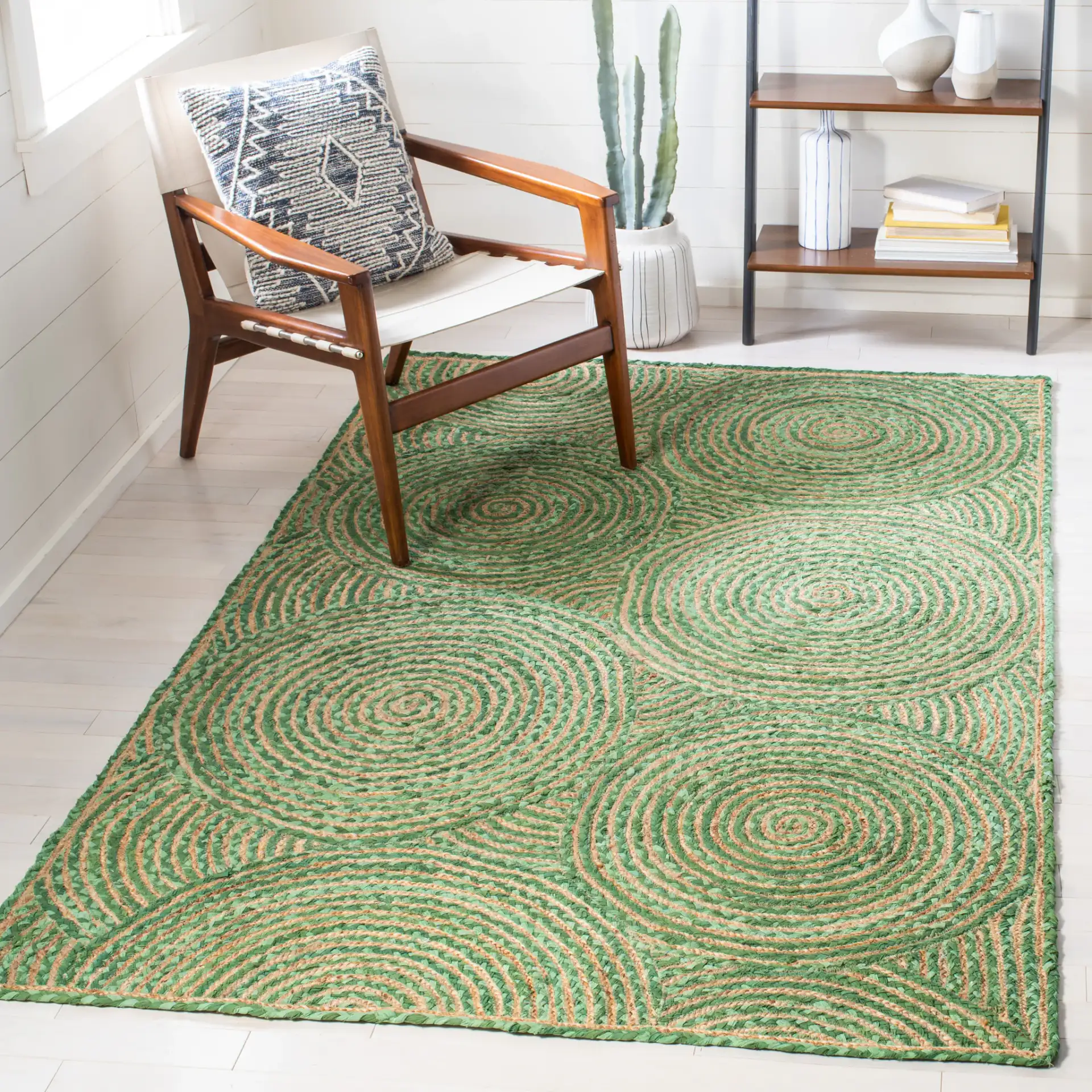 Cape Cod Concentric Circles Hand-Woven Rug in Green / Natural in a styled room