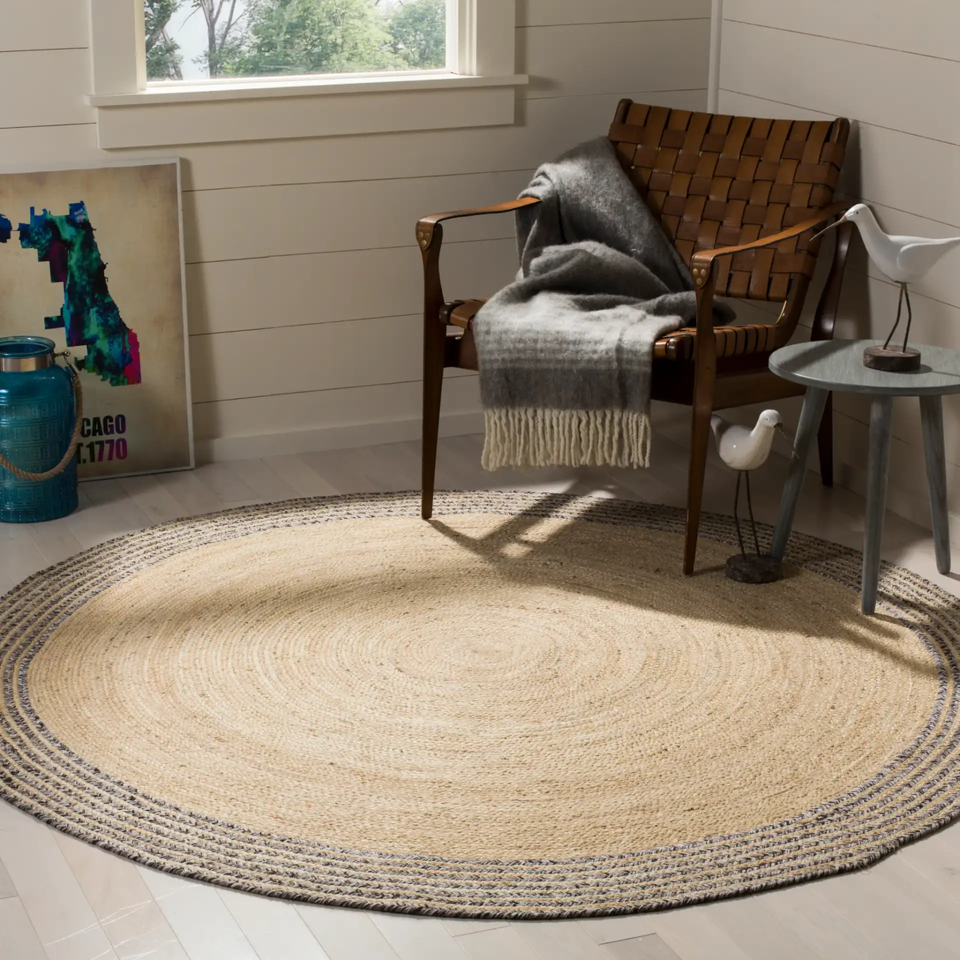 Cape Cod Striped Border Hand-Woven Rug in Ivory / Steel Gray in a styled room