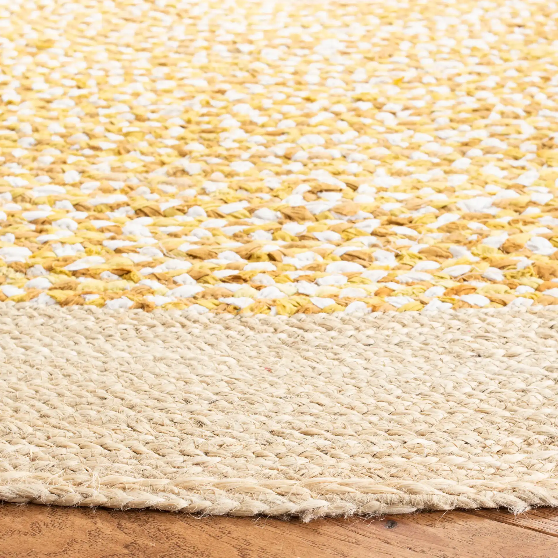 Cape Cod Concentric Band Hand-Woven Rug in Gold / Natural in a styled room
