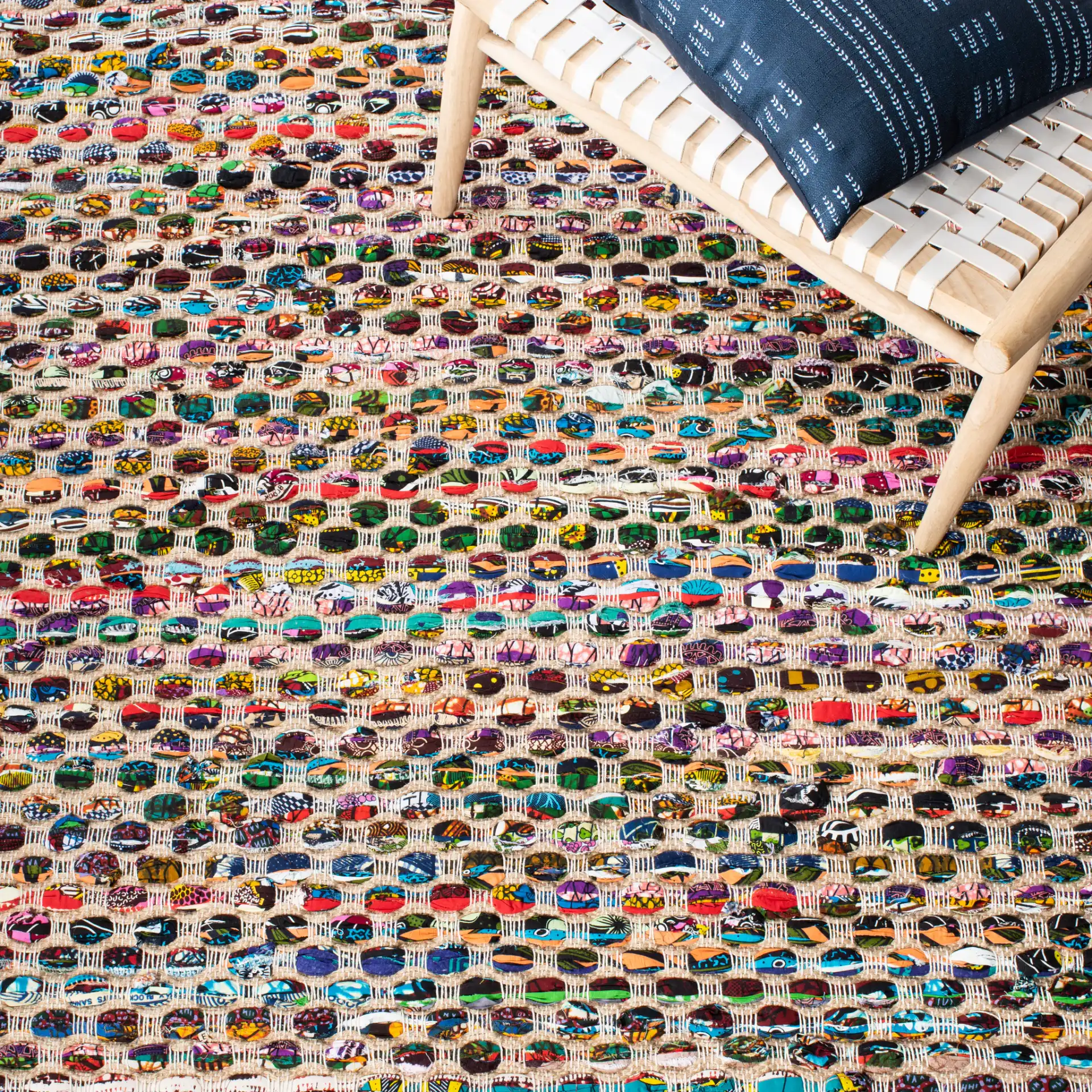 Cape Cod Pebble Hand-Woven Jute Rug in Natural / Multicolor in a styled room