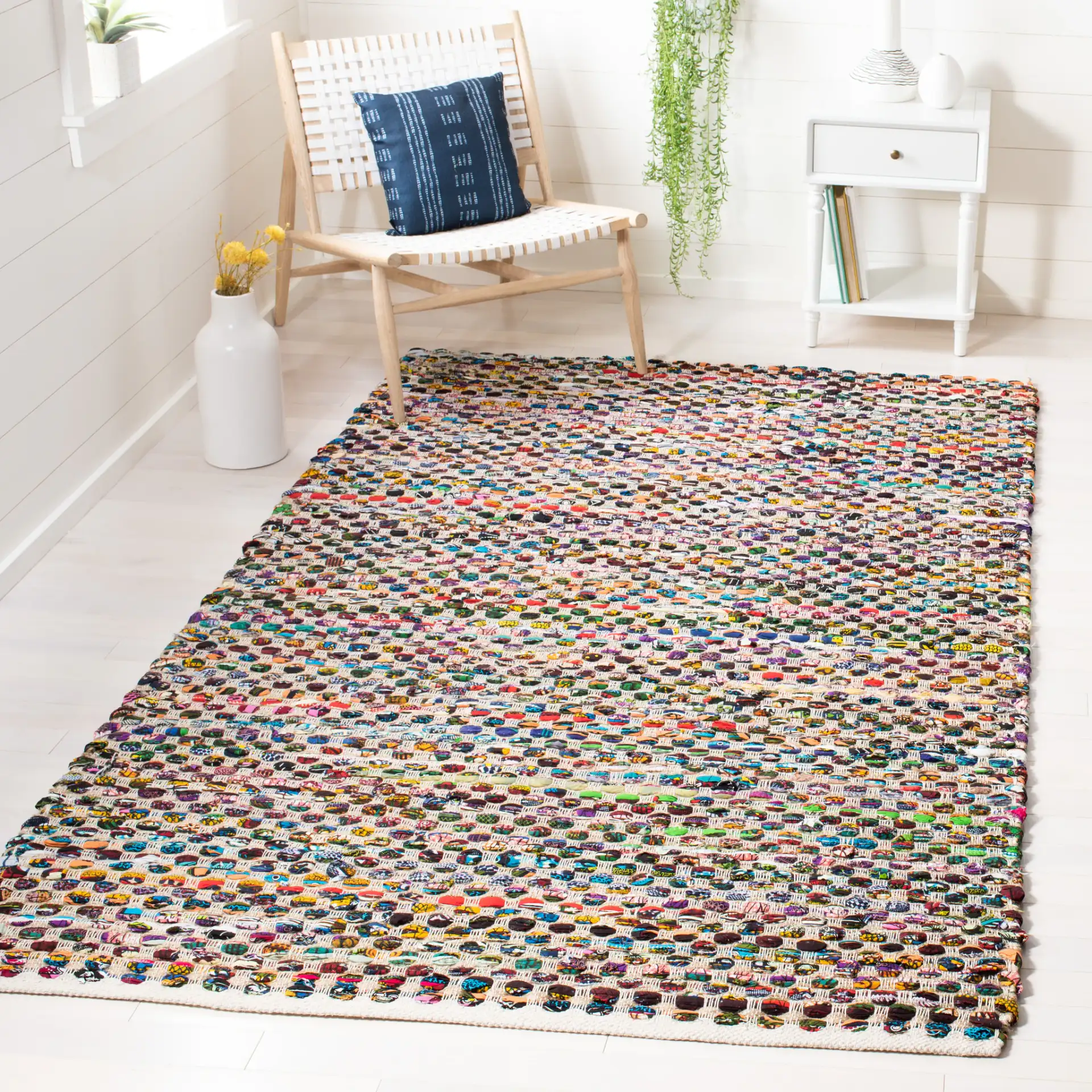 Cape Cod Pebble Hand-Woven Jute Rug in Natural / Multicolor in a styled room