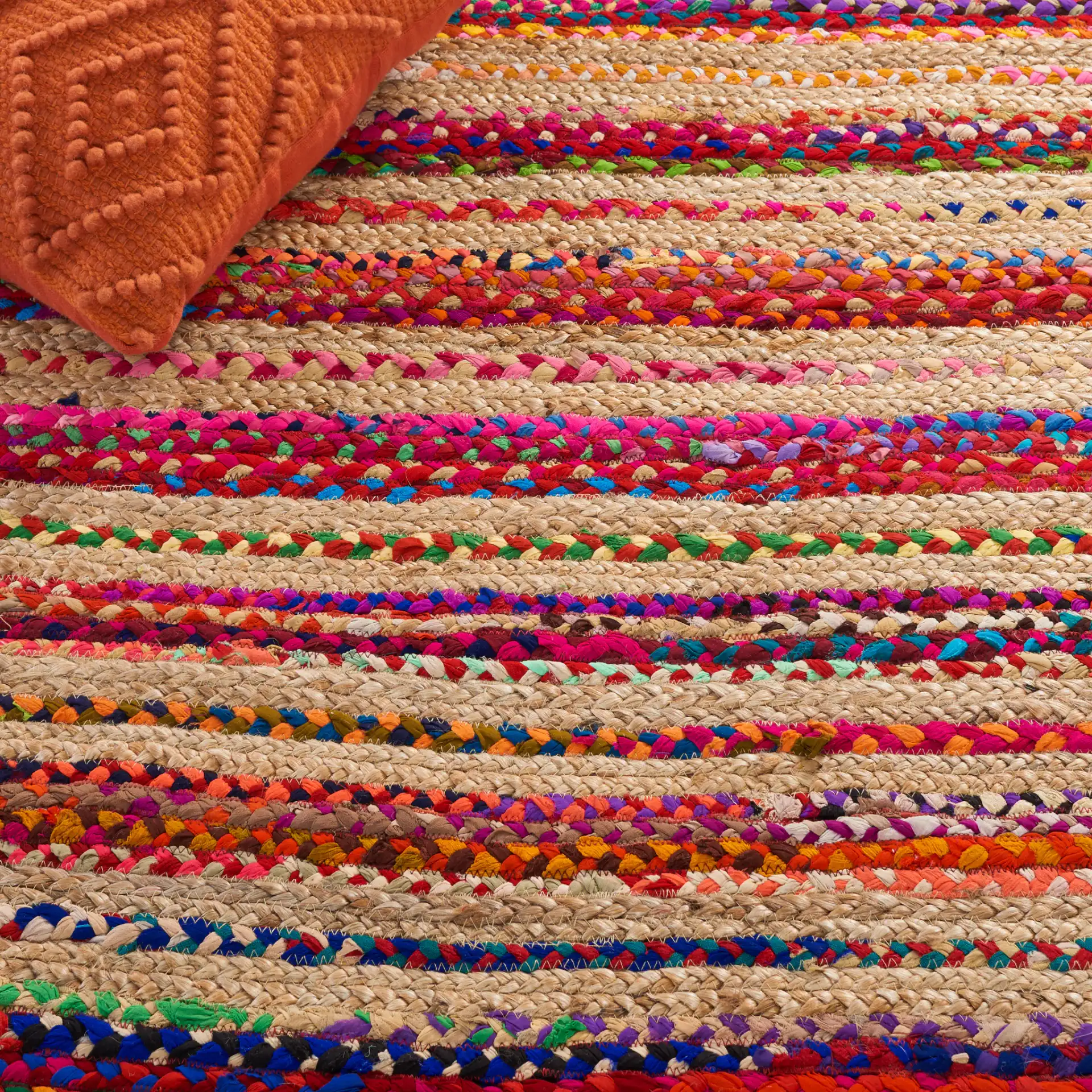 Cape Cod Heathered Thin Stripe Hand-Woven Rug in Natural / Multicolor in a styled room