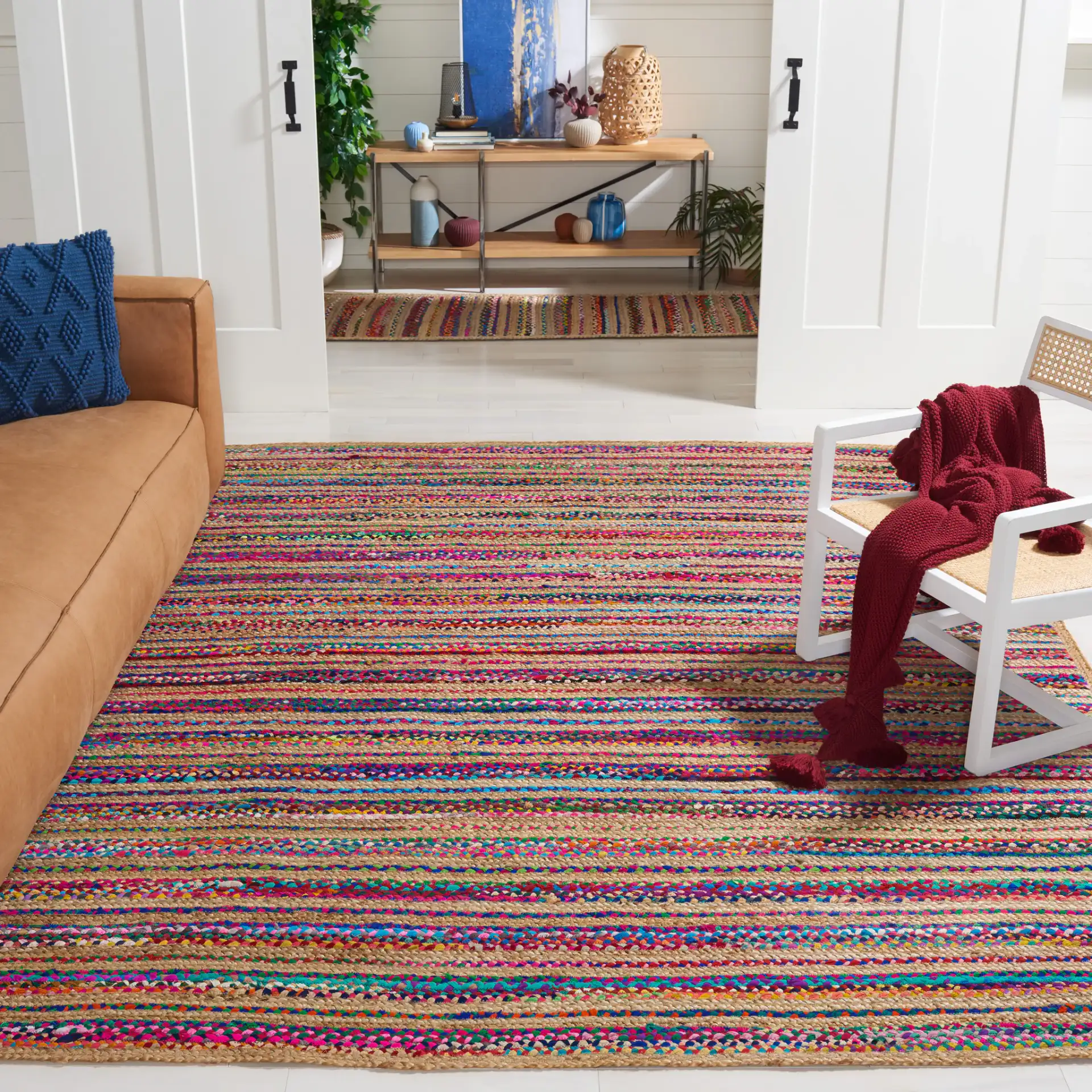 Cape Cod Heathered Thin Stripe Hand-Woven Rug in Natural / Multicolor in a styled room