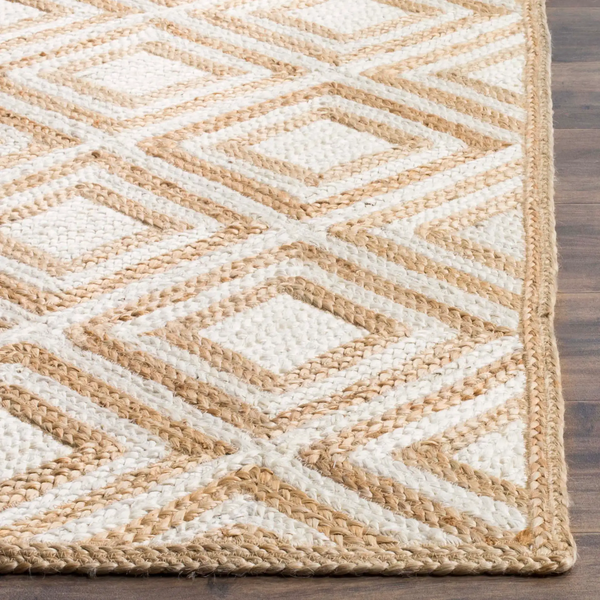 Cape Cod Nested Diamond Hand-Woven Jute Rug in Natural / Ivory in a styled room