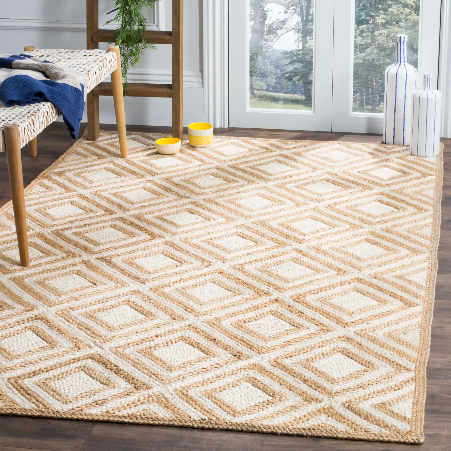 Cape Cod Nested Diamond Hand-Woven Jute Rug in Natural / Ivory in a styled room