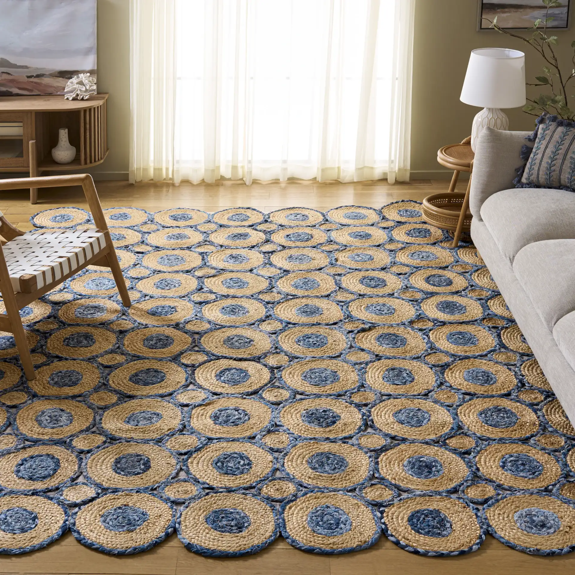 Cape Cod Interlocking Circles Hand-Woven Rug in Blue / Natural