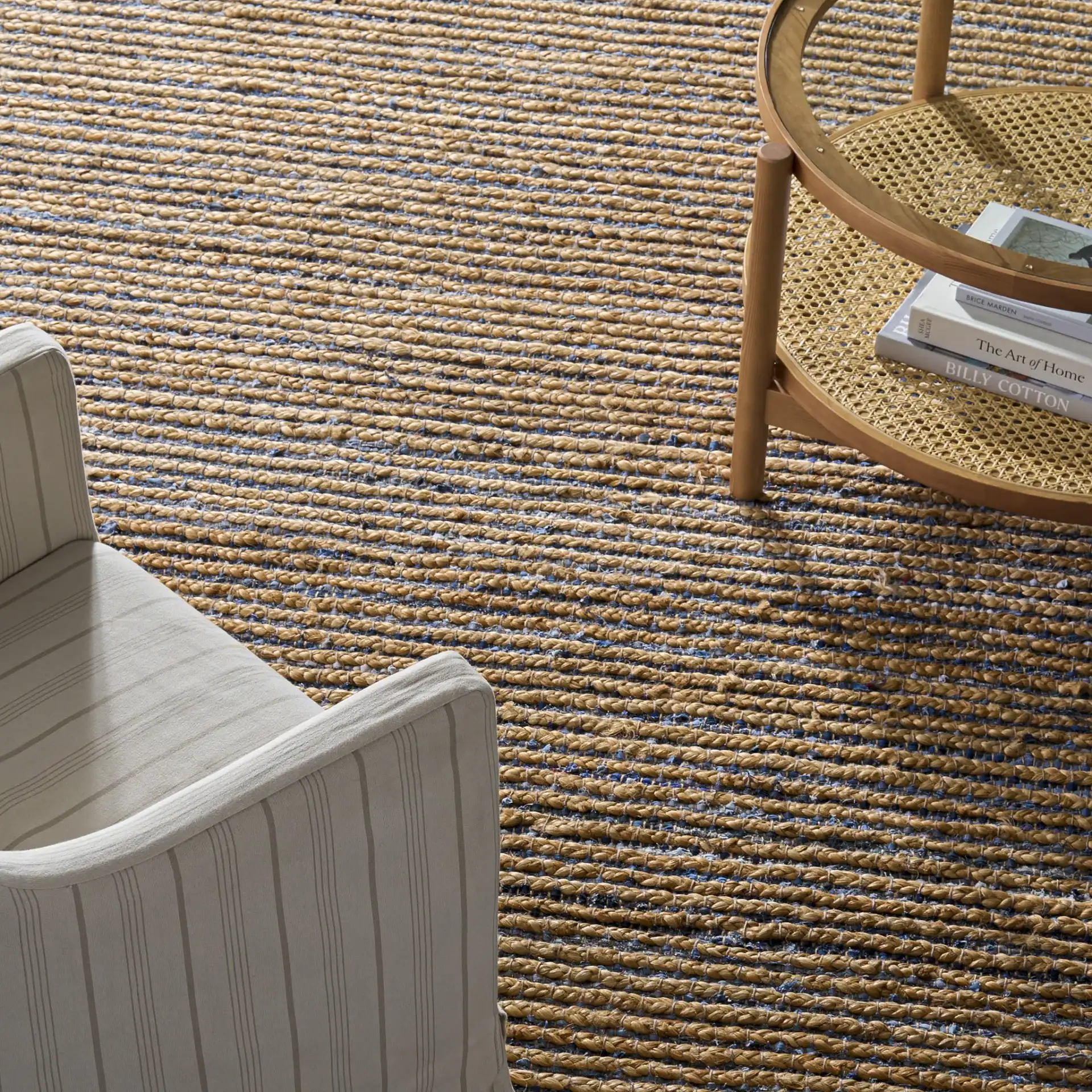 Cape Cod Corded Stripe Hand-Woven Rug in Natural / Blue in a styled room