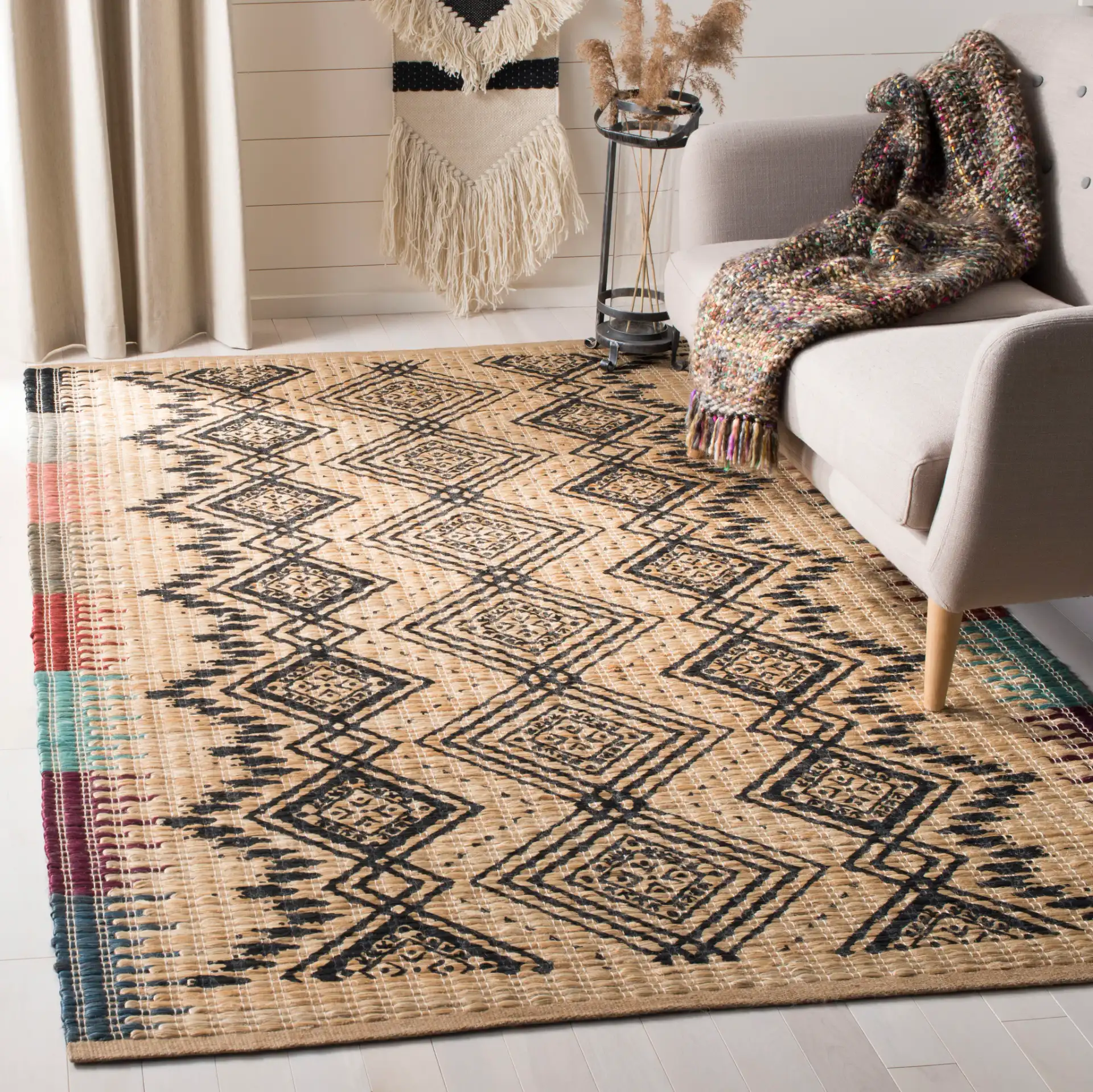 Cape Cod Diamond Stripe Hand-Woven Rug in Natural / Black in a styled room