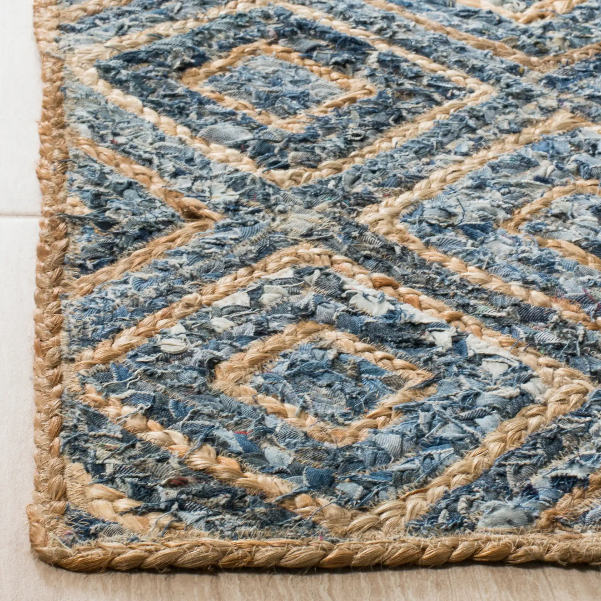 Cape Cod Diamond Hand-Woven Rug in Natural / Blue in a styled room
