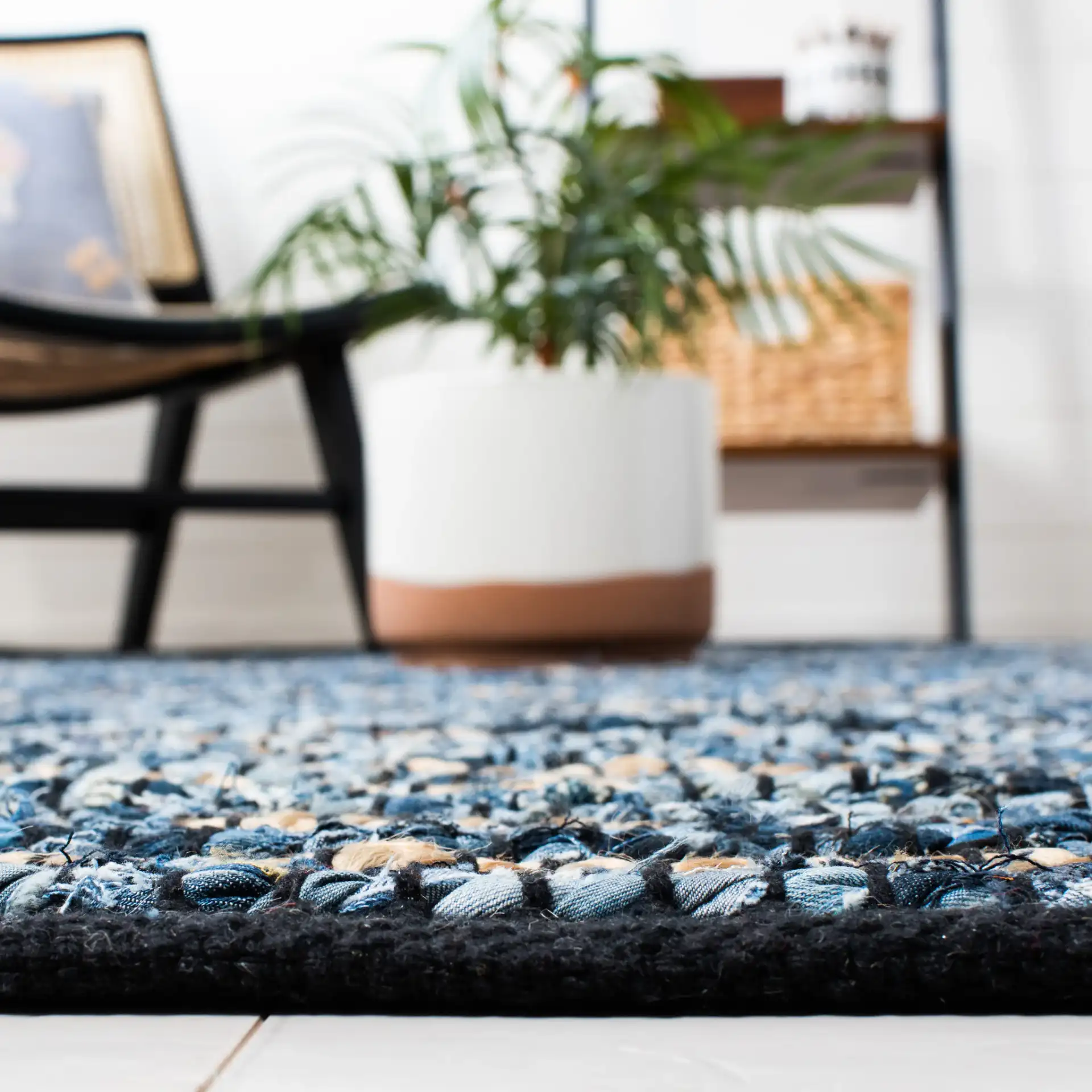 Cape Cod Beaded Stripe Hand-Woven Rug in Blue / Natural in a styled room