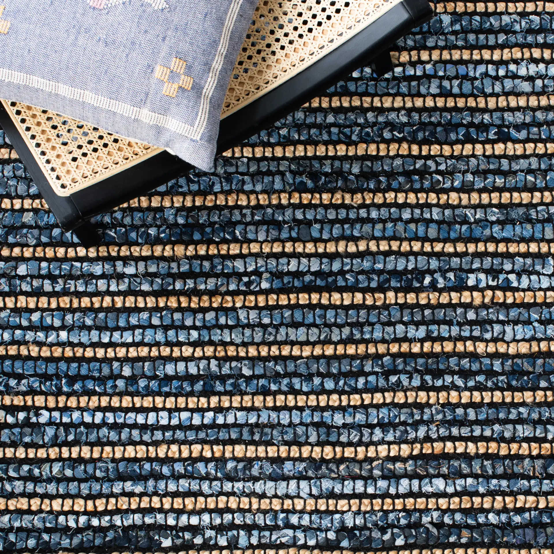 Cape Cod Beaded Stripe Hand-Woven Rug in Blue / Natural in a styled room