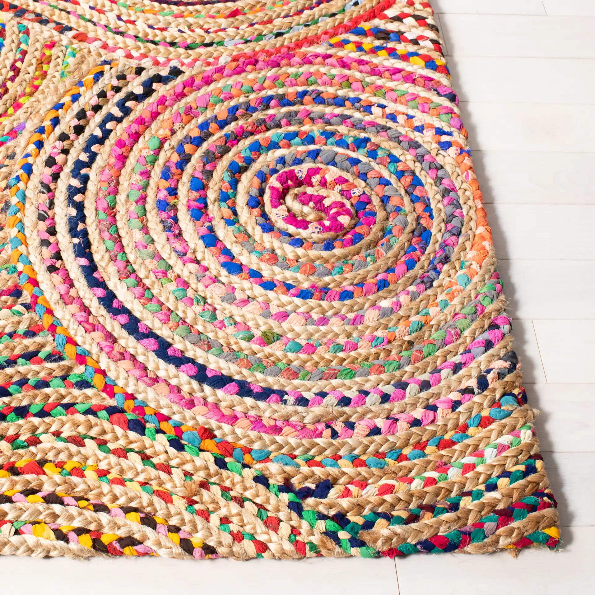 Cape Cod Overlapping Circles Hand-Woven Rug in Natural / Multicolor in a styled room
