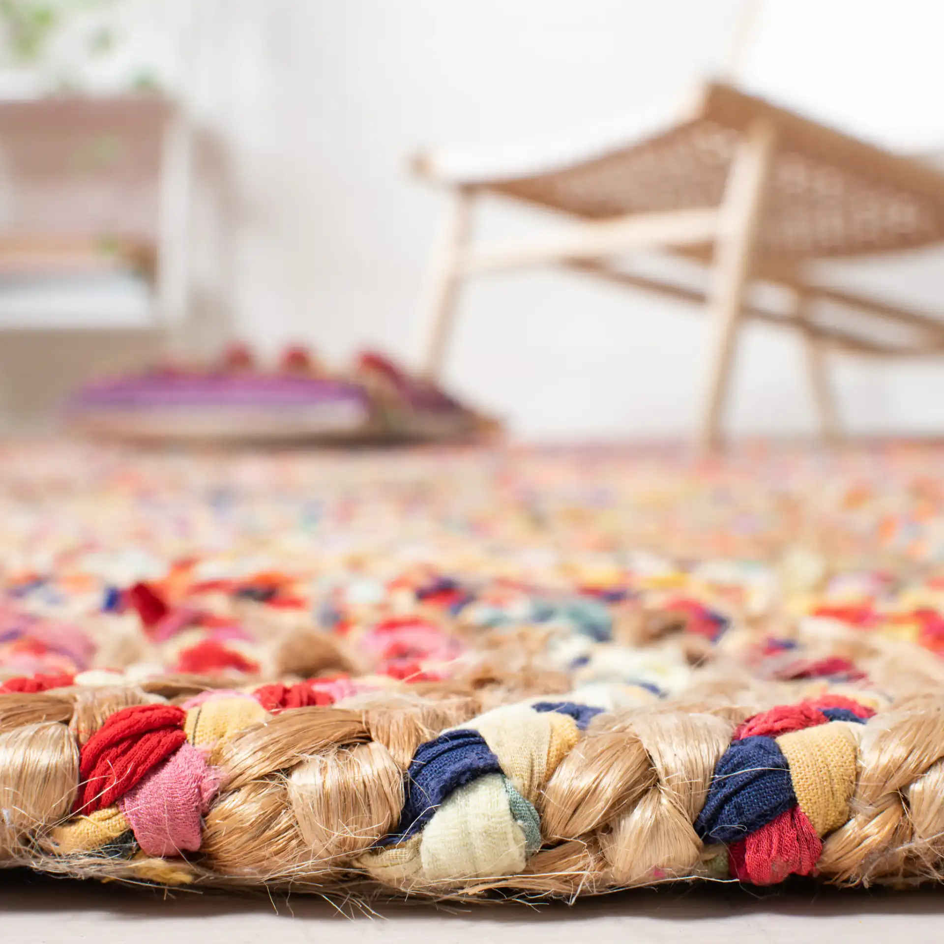 Cape Cod Overlapping Circles Hand-Woven Rug in Natural / Multicolor in a styled room