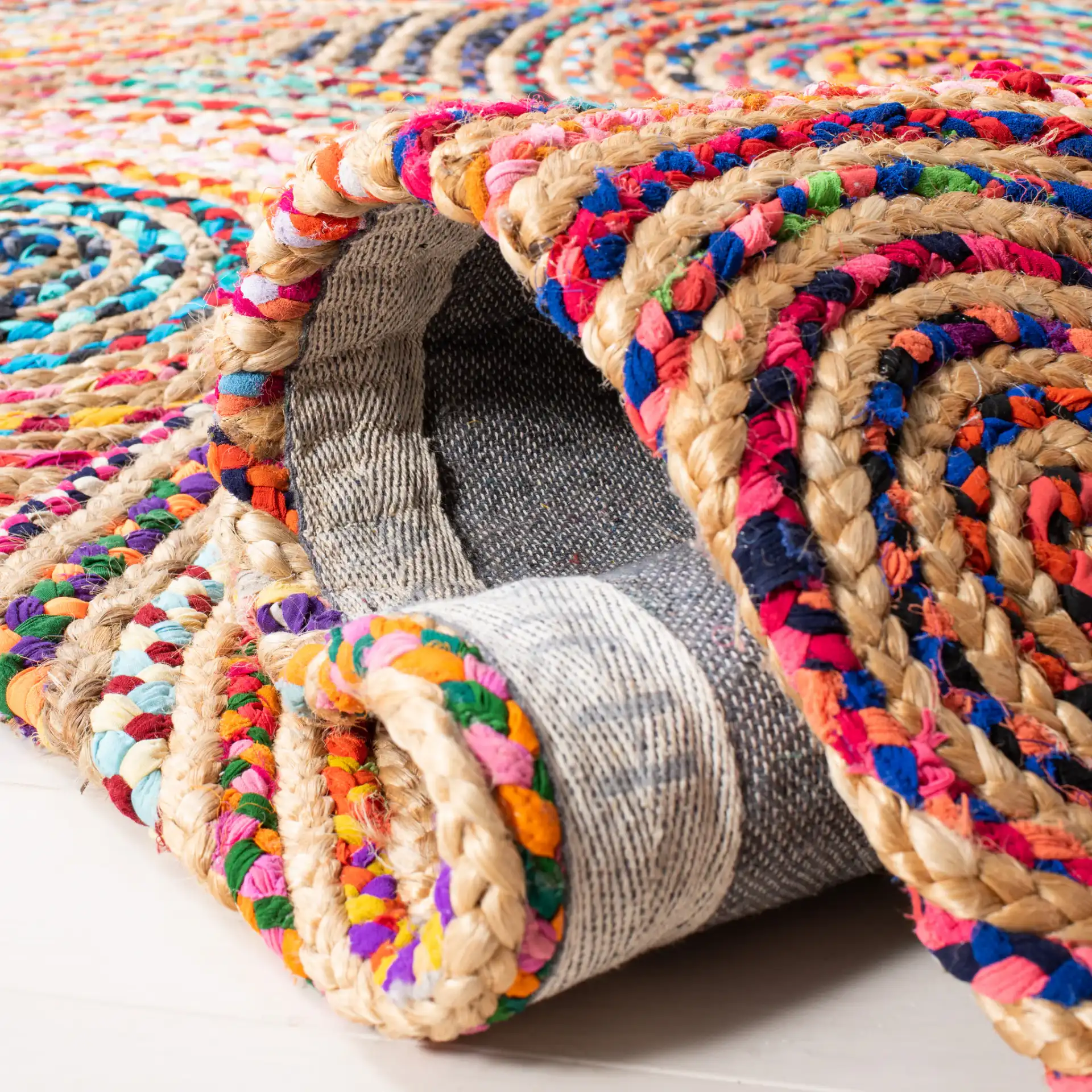 Cape Cod Overlapping Circles Hand-Woven Rug in Natural / Multicolor in a styled room
