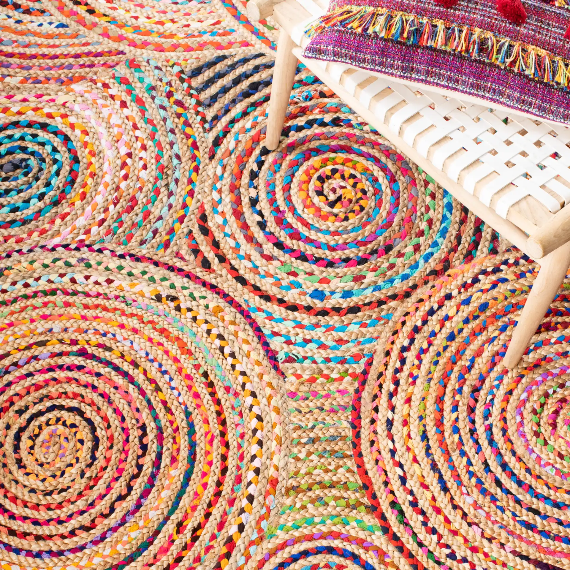 Cape Cod Overlapping Circles Hand-Woven Rug in Natural / Multicolor in a styled room