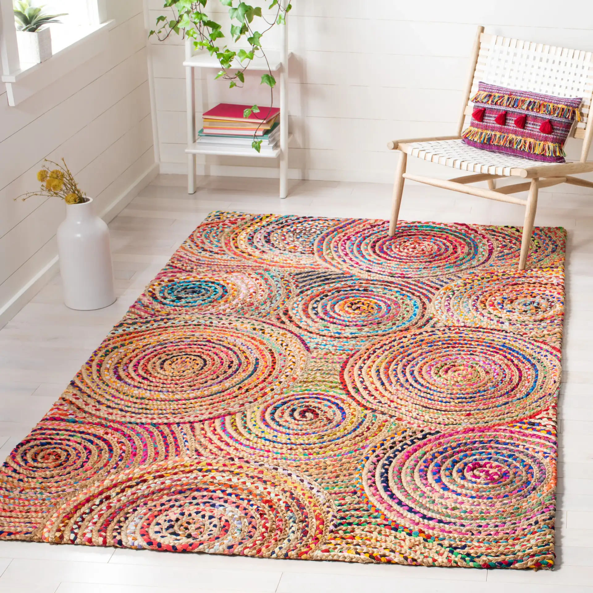 Cape Cod Overlapping Circles Hand-Woven Rug in Natural / Multicolor in a styled room