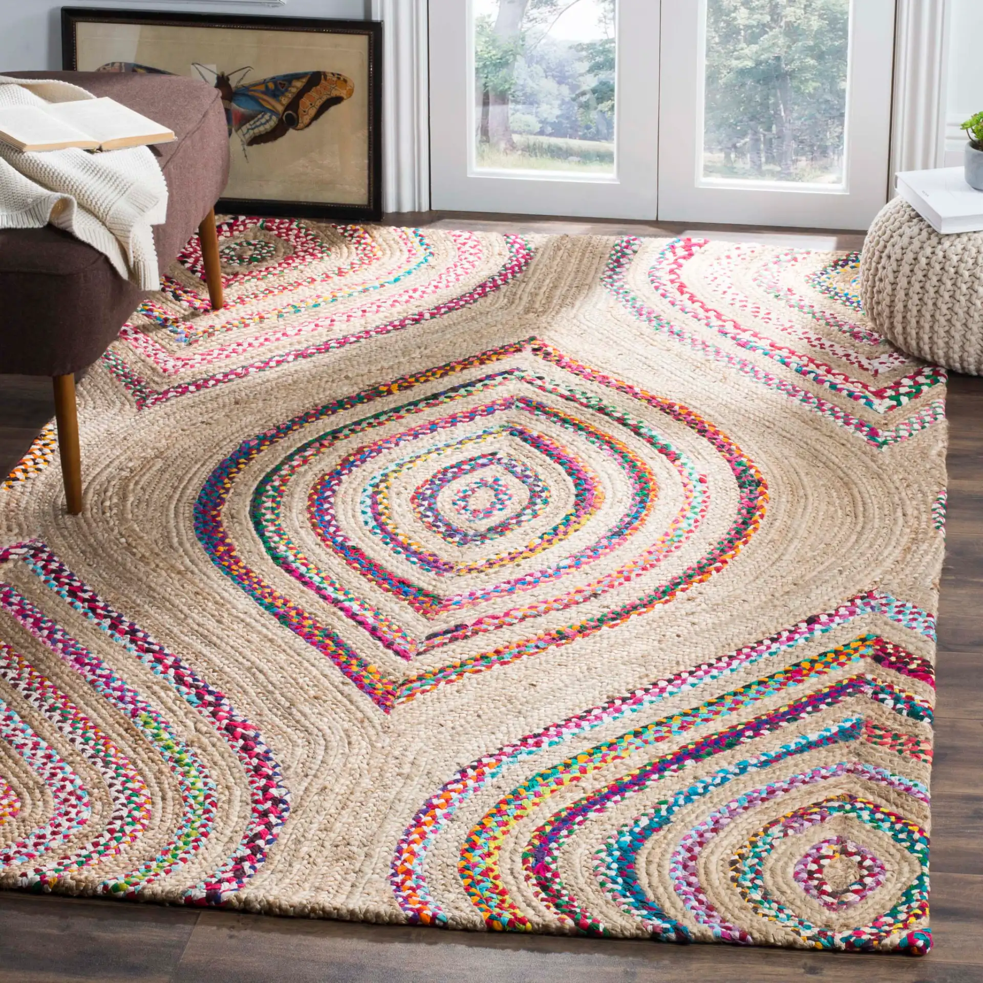 Cape Cod Concentric Diamond Hand-Woven Rug in Natural / Multicolor in a styled room