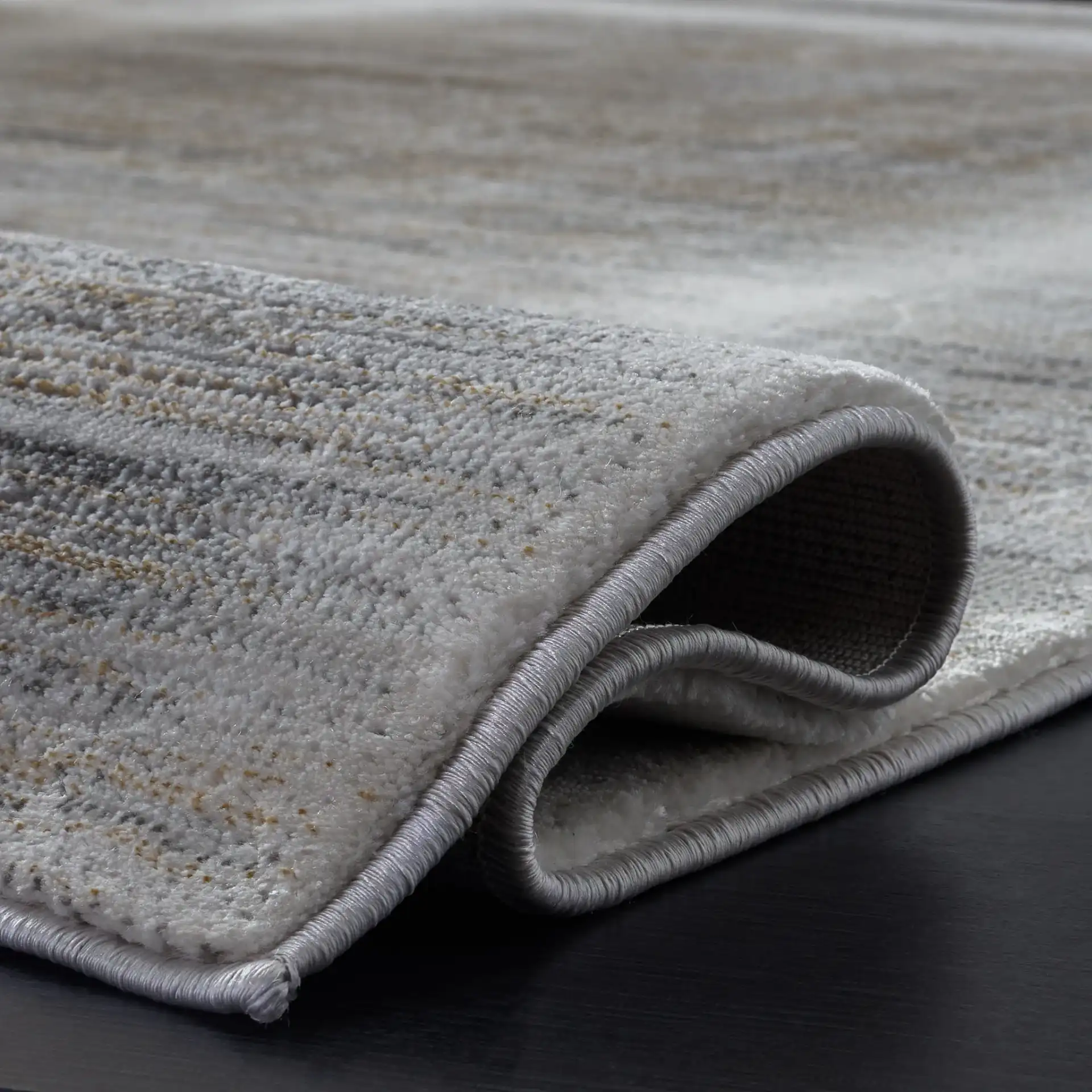 Craft Linear Abstract Border Rug in Gray / Gold in a styled room