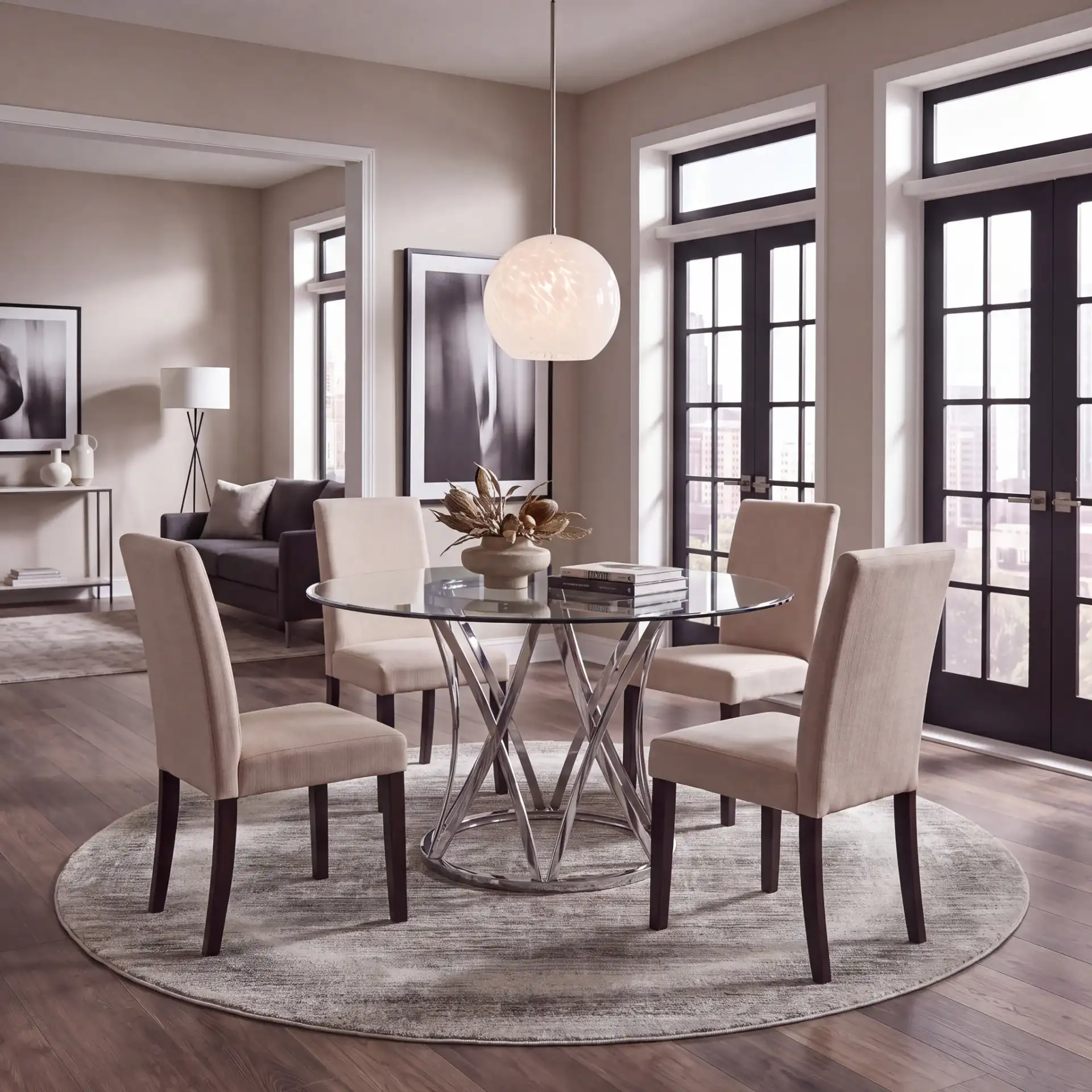 Craft Linear Abstract Border Rug in Gray / Gold in a styled room