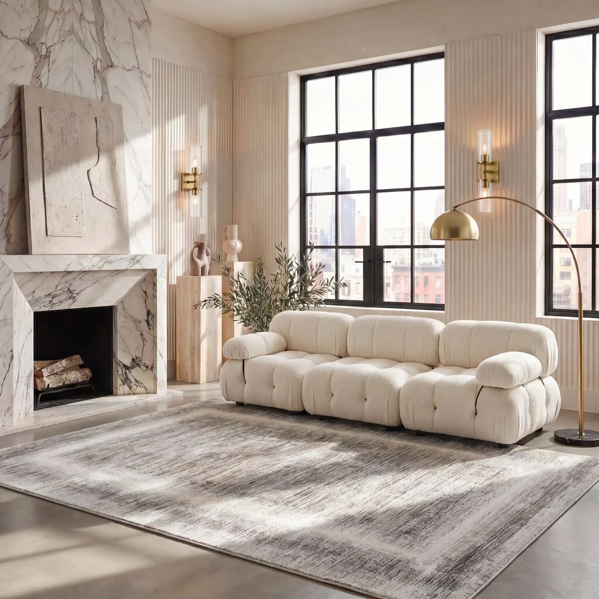 Craft Linear Abstract Border Rug in Gray / Gold in a styled room