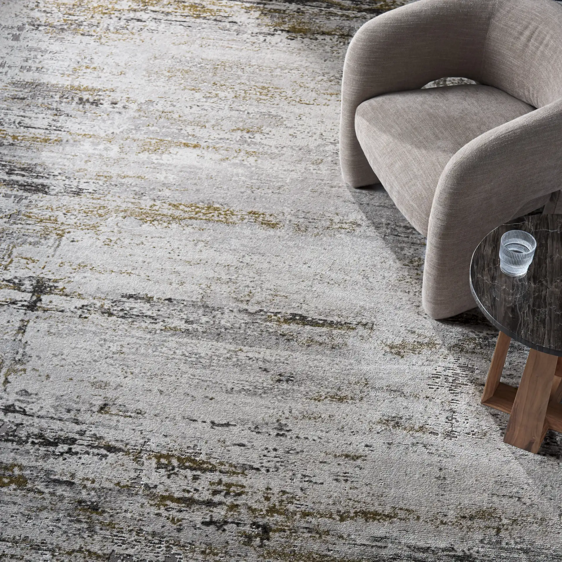 Craft Modern Abstract Rug in Gray / Gold in a styled room