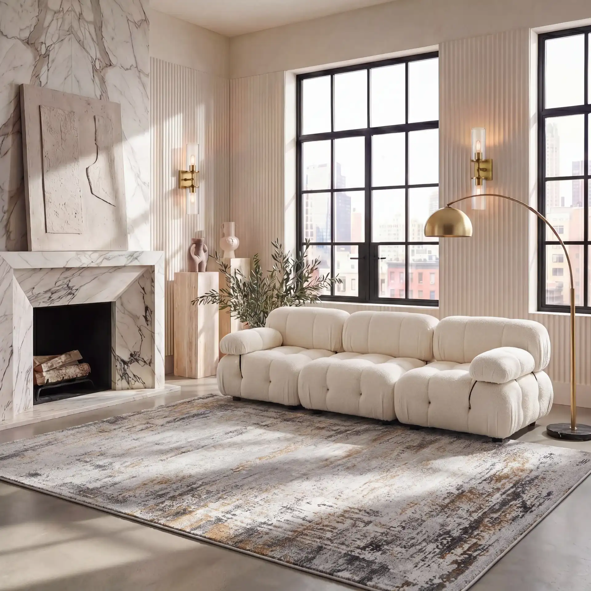 Craft Modern Abstract Rug in Gray / Gold in a styled room