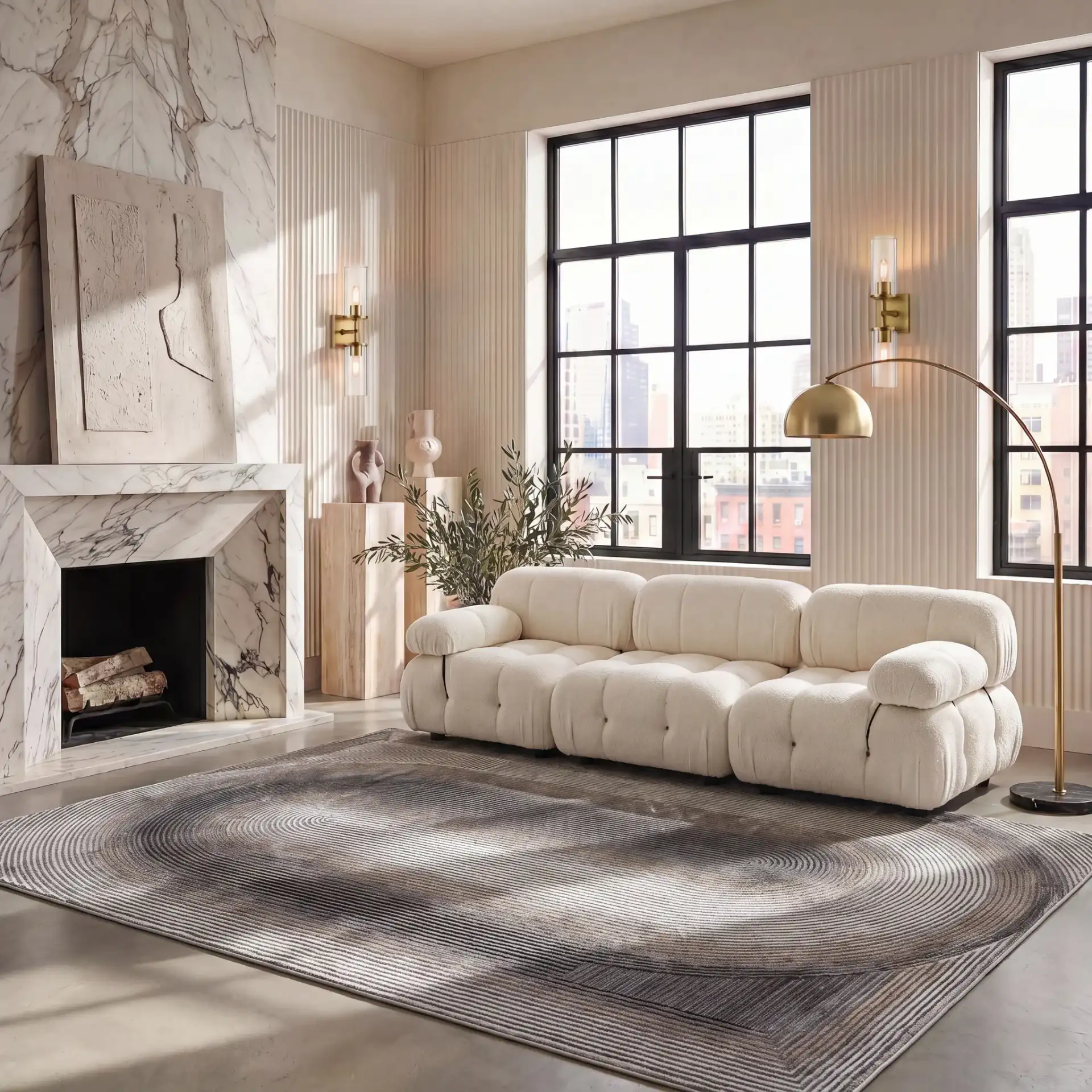 Craft Linear Arch Rug in Gray / Gold in a styled room