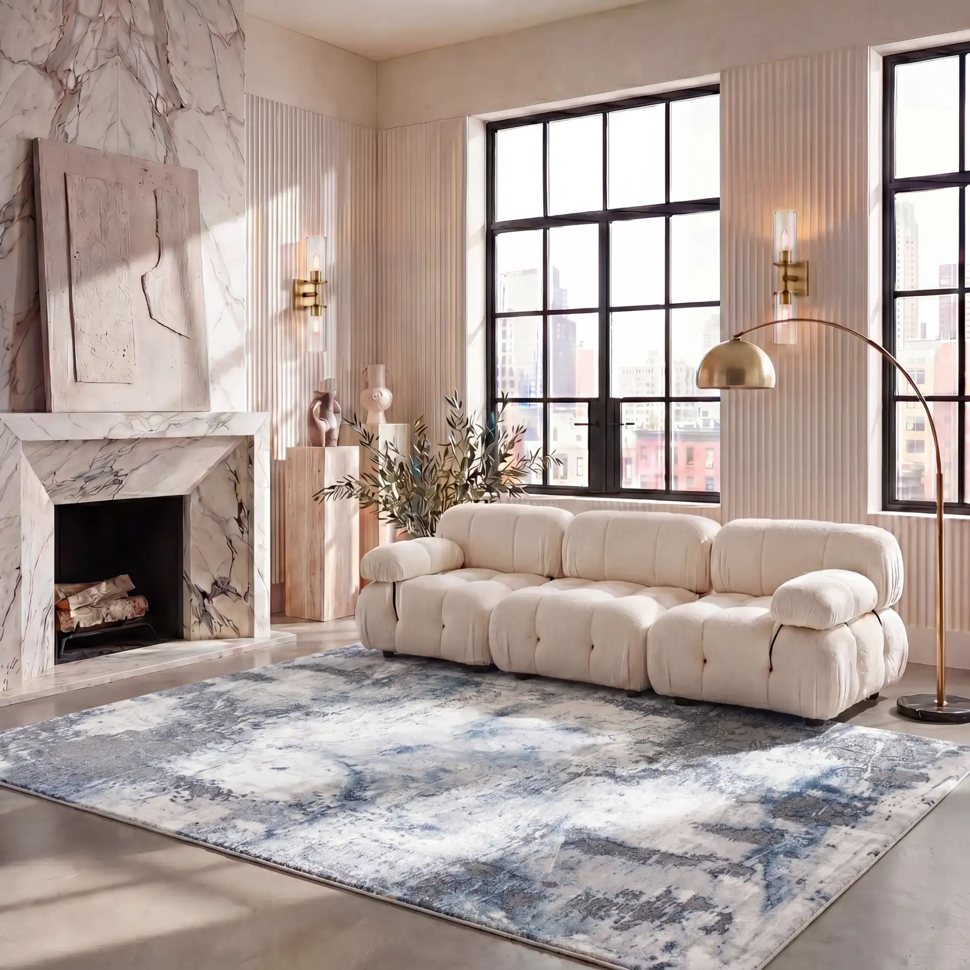 Craft Abstract Rug in Blue / Gray in a styled room
