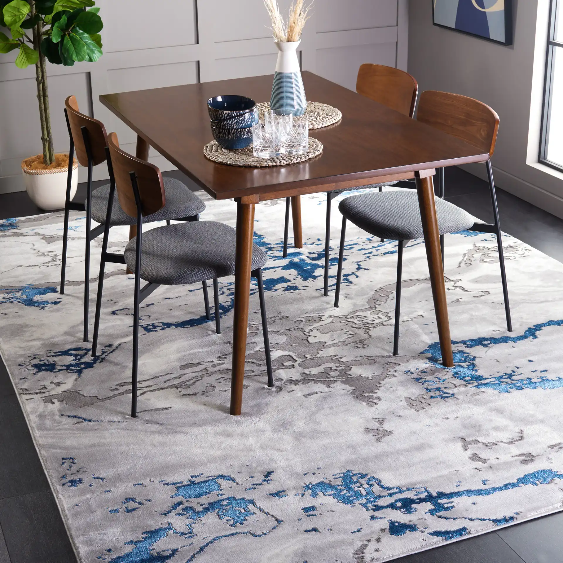 Craft Abstract Marble Rug in Gray / Blue in a styled room