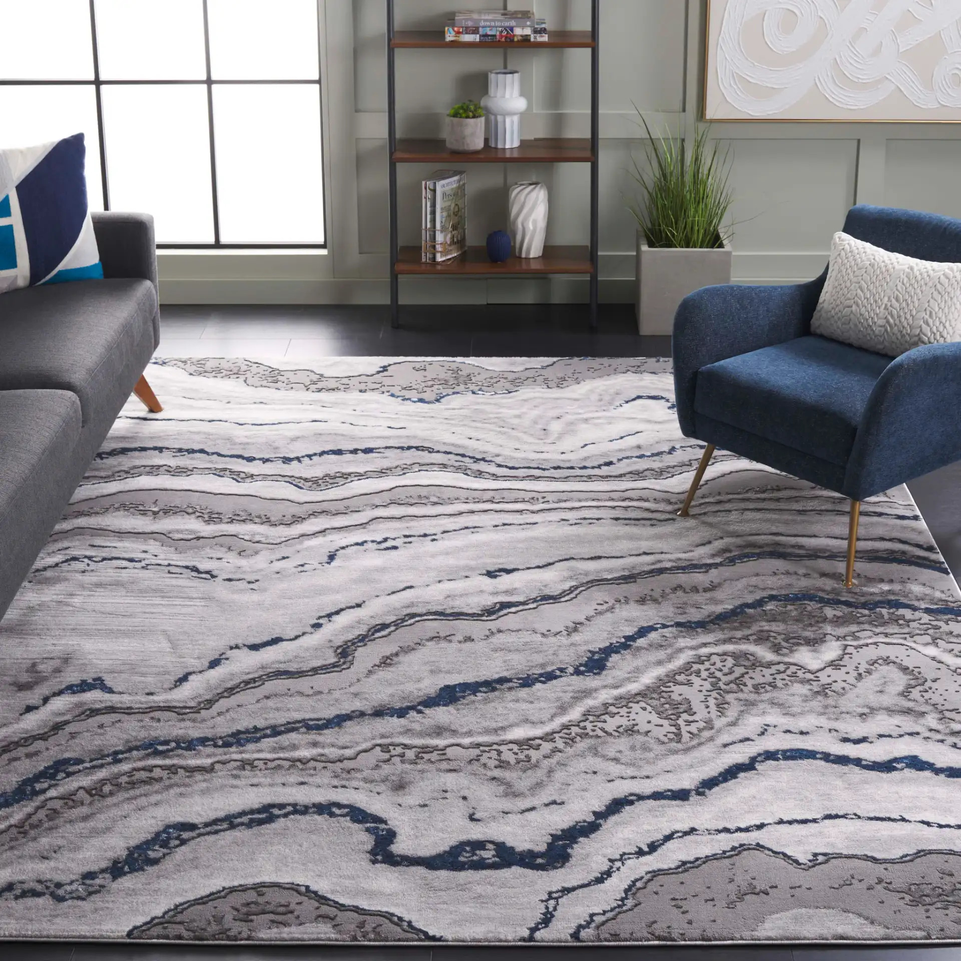 Craft Marble Wave Rug in Gray / Blue in a styled room