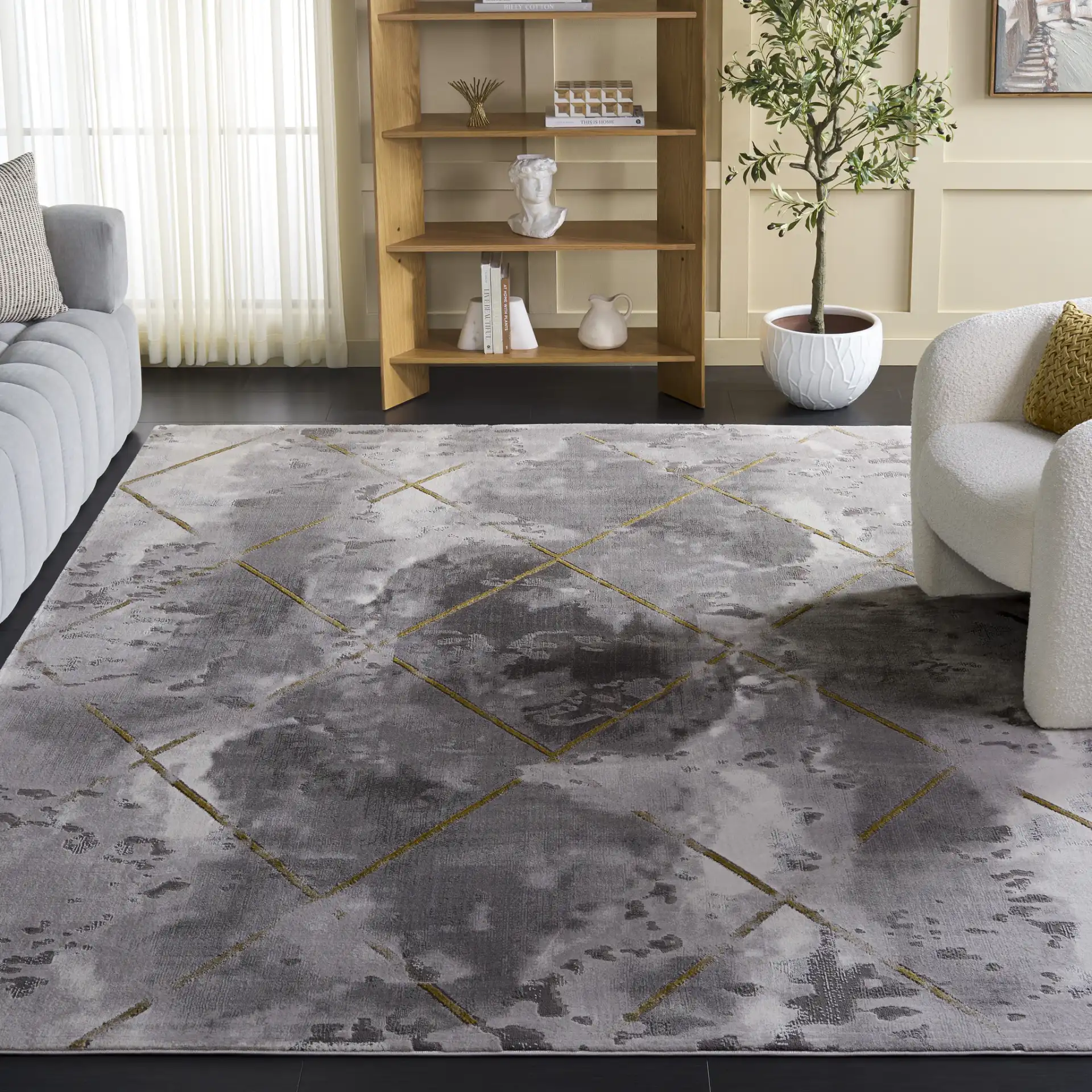 Craft Diamond Grid Rug in Gray / Gold in a styled room