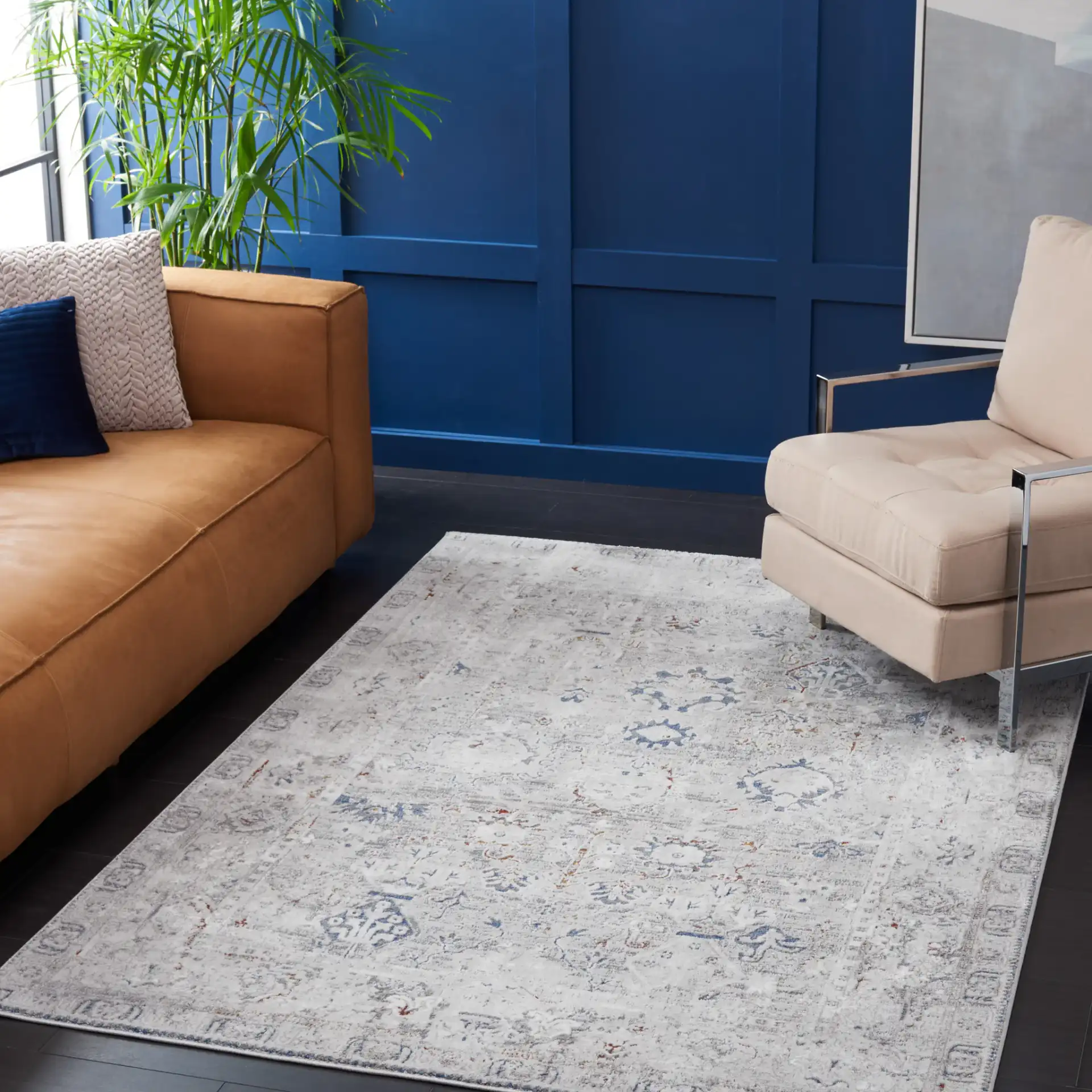 Craft Bordered Medallion Rug in Gray / Blue in a styled room