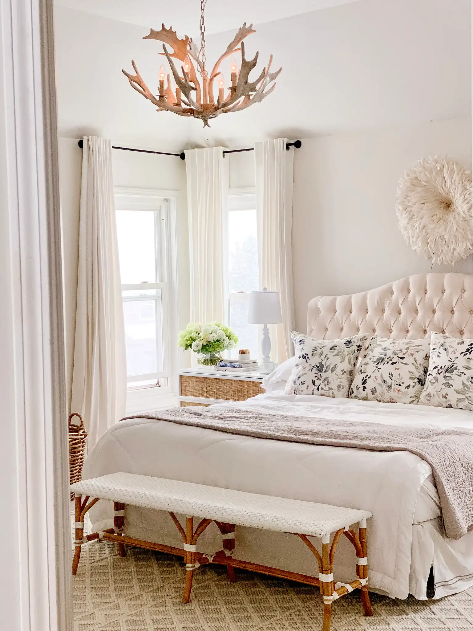 Birch Six-Light Chandelier in White in a styled room