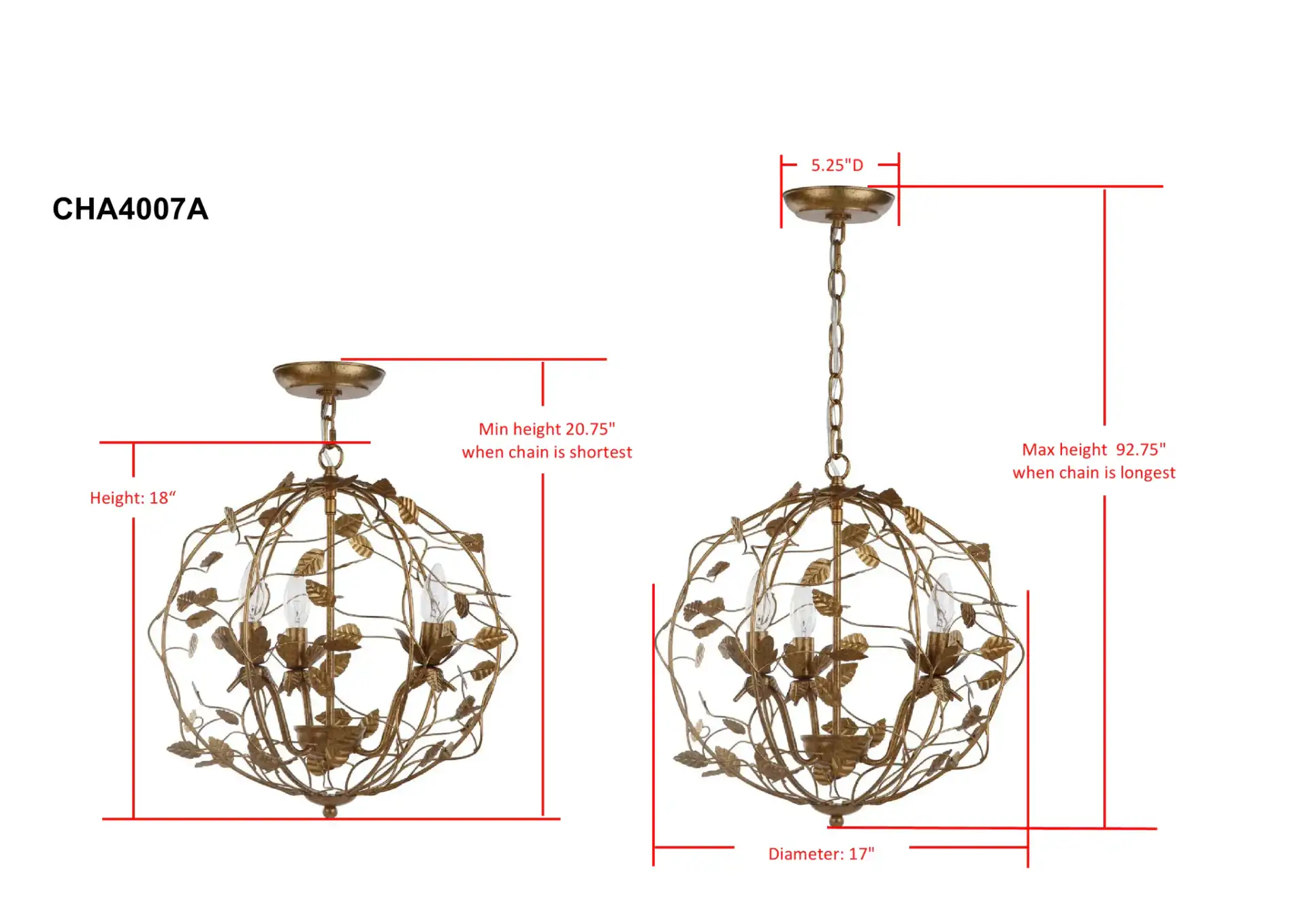 Austen Three-Light Chandelier in Gold, detail view