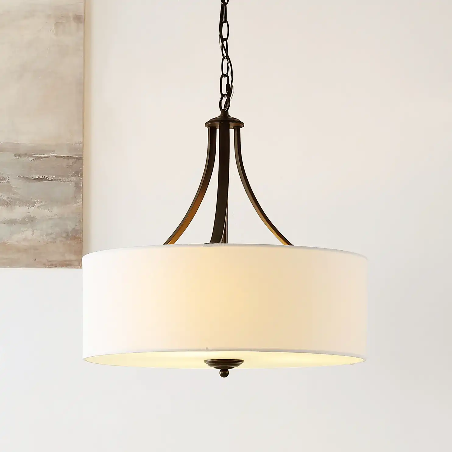 Burnett Three-Light Chandelier in Oil Rub Bronze / White in a styled room