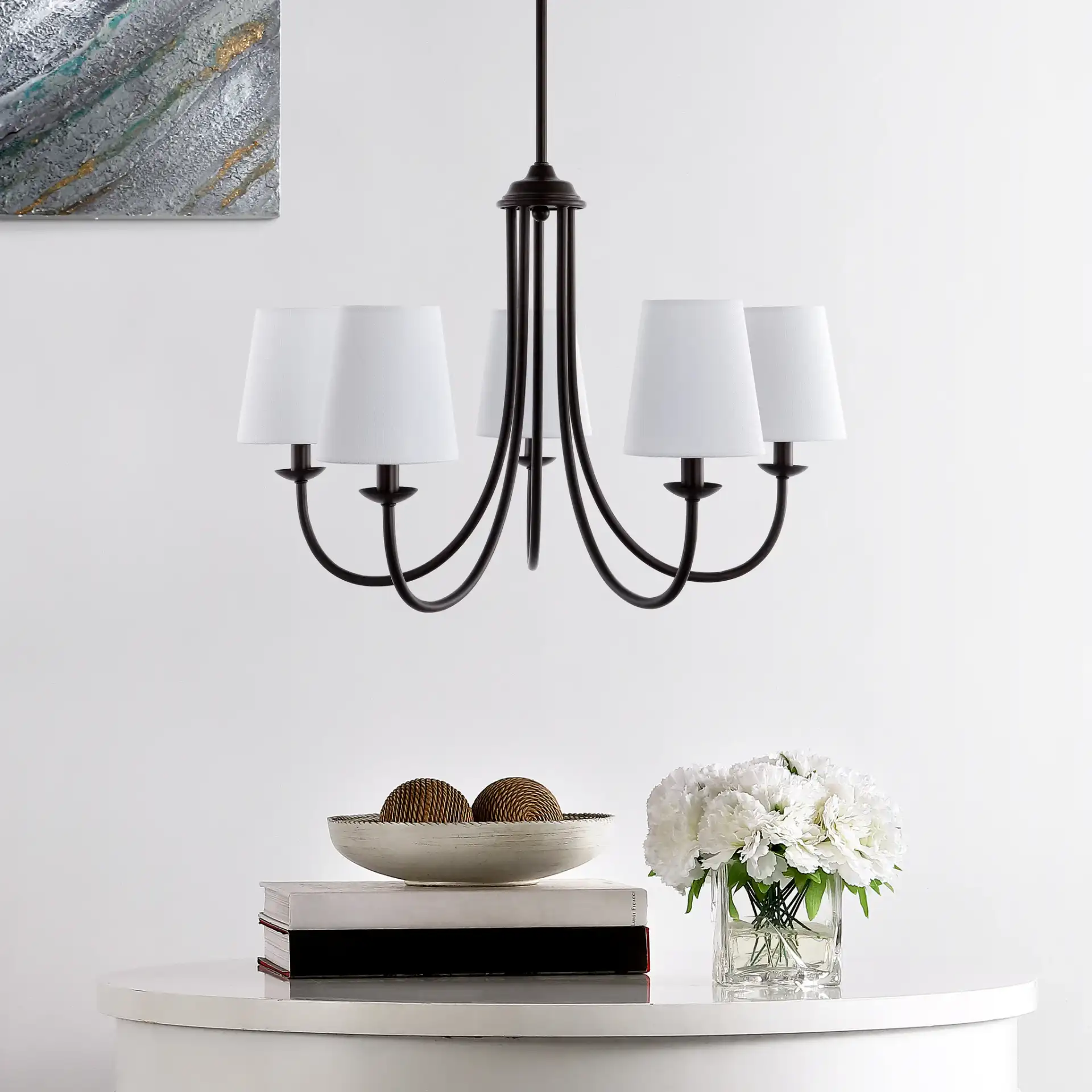 Darryn Five-Light Chandelier in Oil Rubbed Bronze in a styled room
