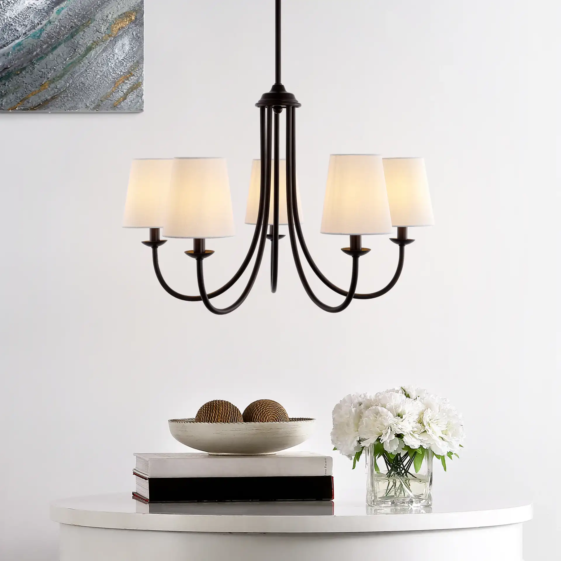 Darryn Five-Light Chandelier in Oil Rubbed Bronze in a styled room
