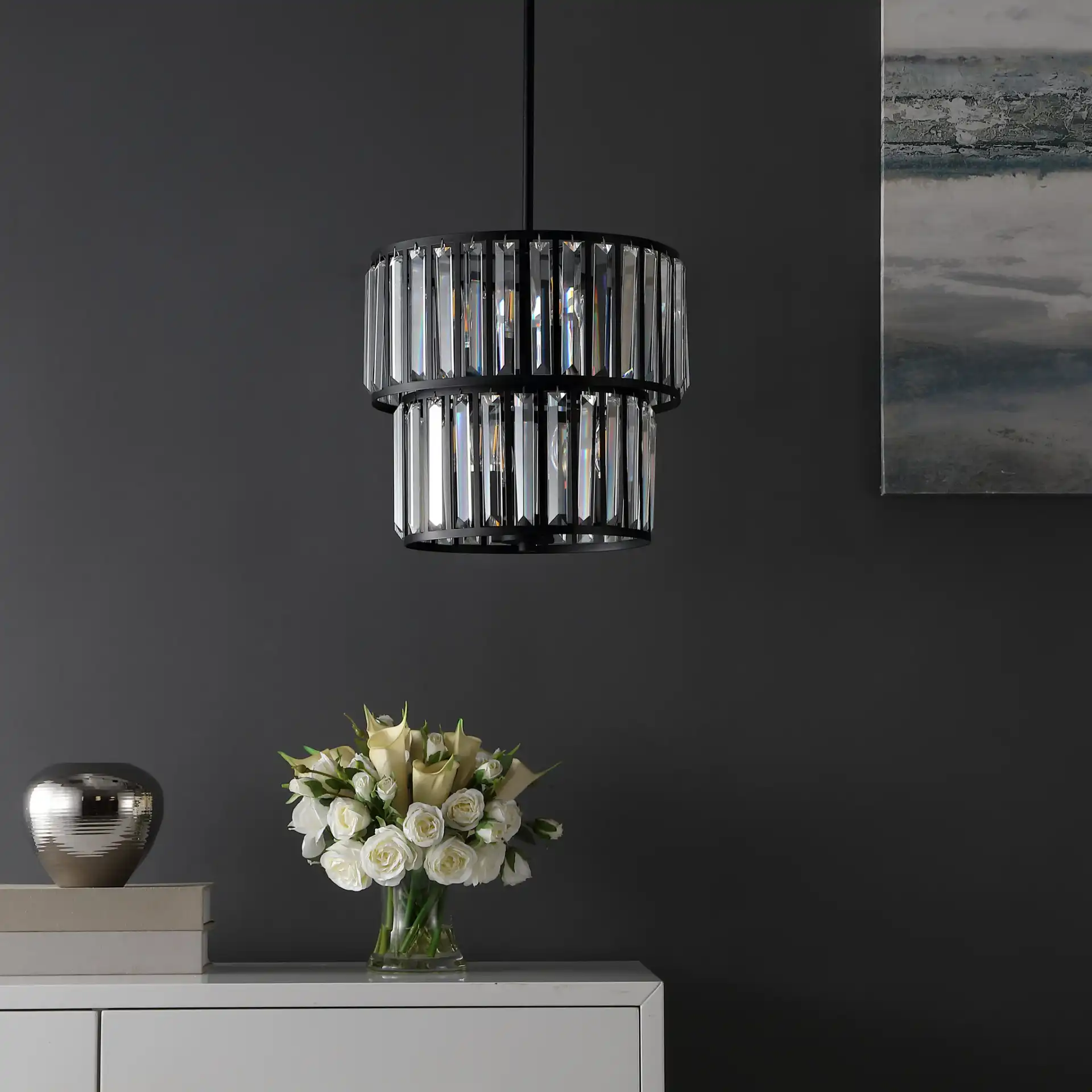 Crissa Six-Light Chandelier in Black / Clear in a styled room